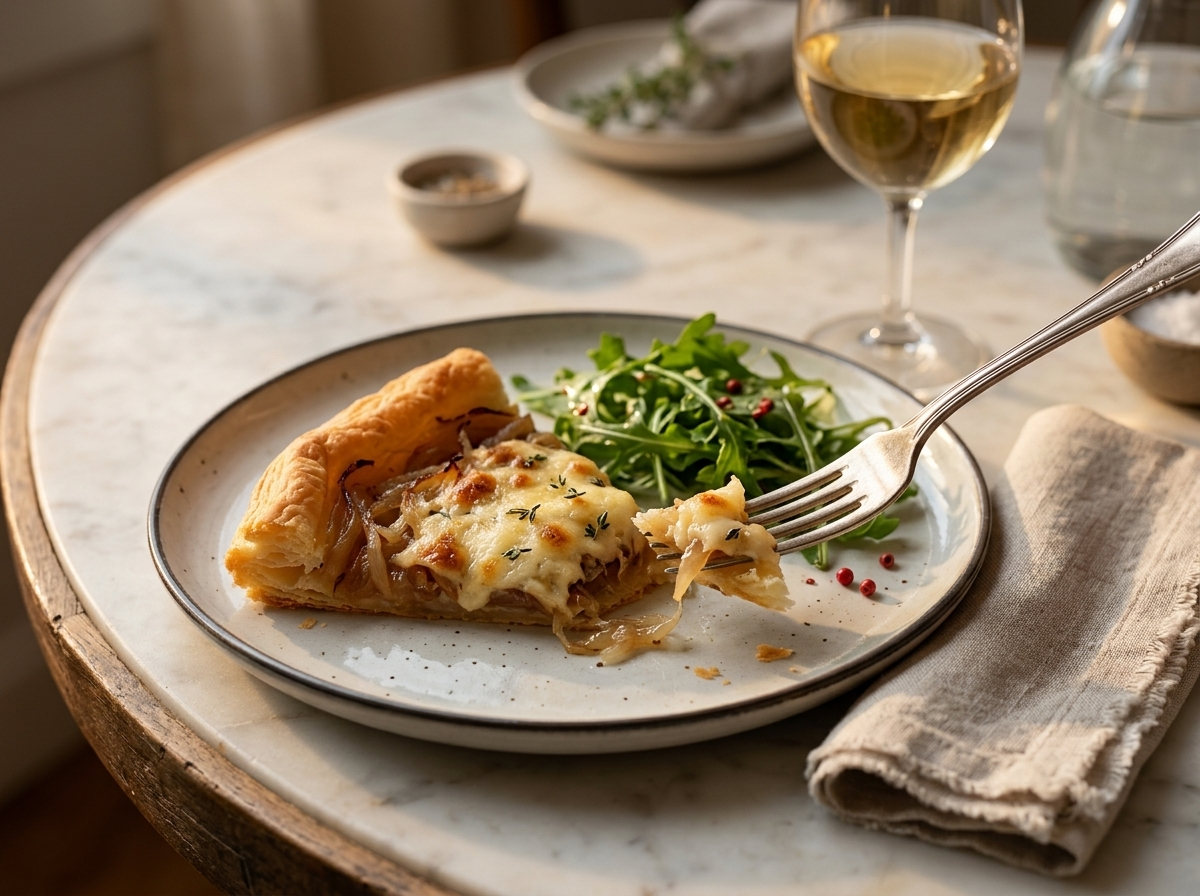A plated wedge of onion tart beside an arugula salad, linen napkin, and glass of white wine in soft window light.