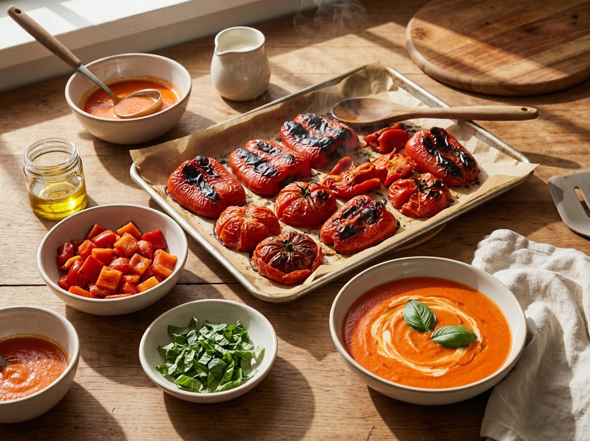 Charred red peppers and collapsed tomatoes roasting on a parchment-lined sheet pan with blackened skins