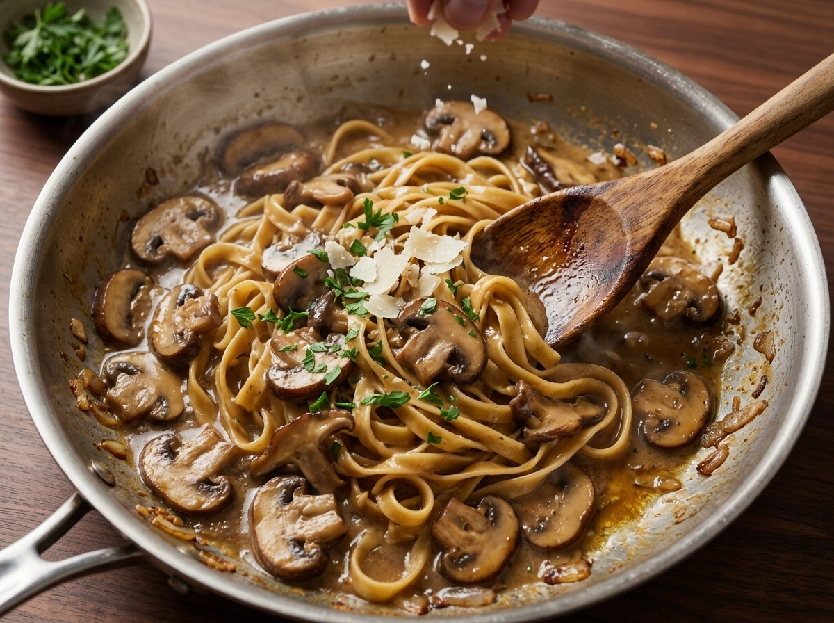 Cremini and shiitake mushrooms browning in a stainless skillet, steam rising, wooden spoon pushing them across the pan.