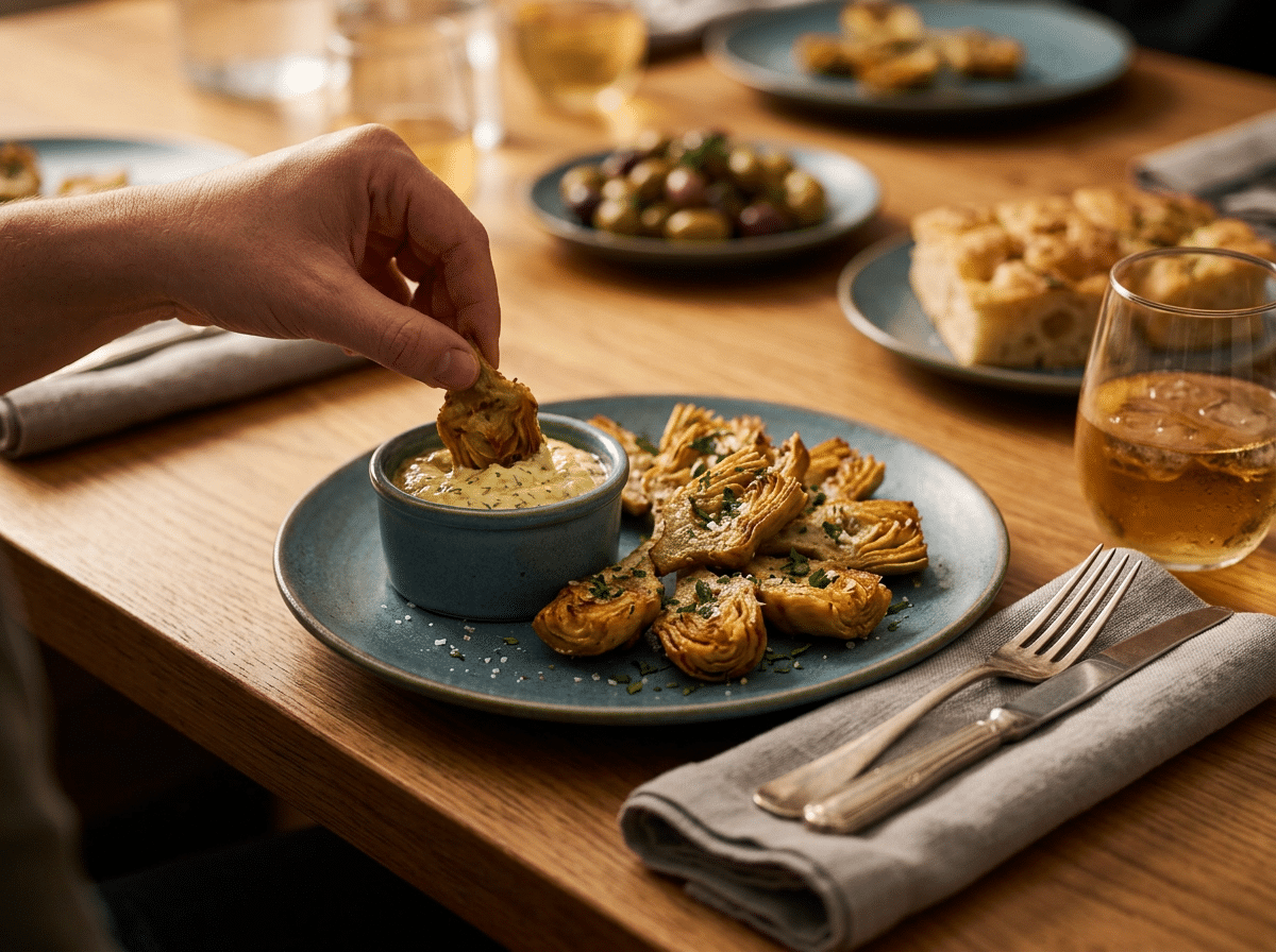 A hand dips a crispy artichoke heart into lemon aioli at a wood table set with wine and a linen napkin