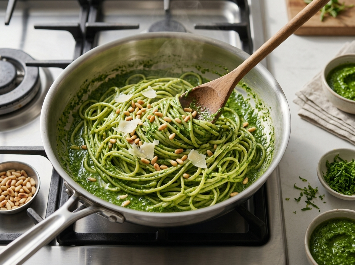 Wooden spoon tossing hot linguine with bright green wild garlic pesto in a steel pot, steam rising off the pasta
