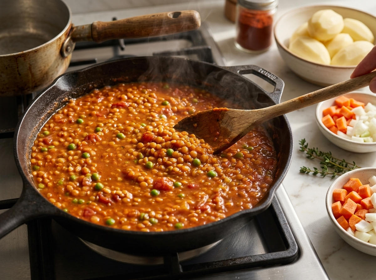 Wooden spoon stirring a thick, smoky lentil and vegetable stew with visible peas simmering in a cast-iron skillet