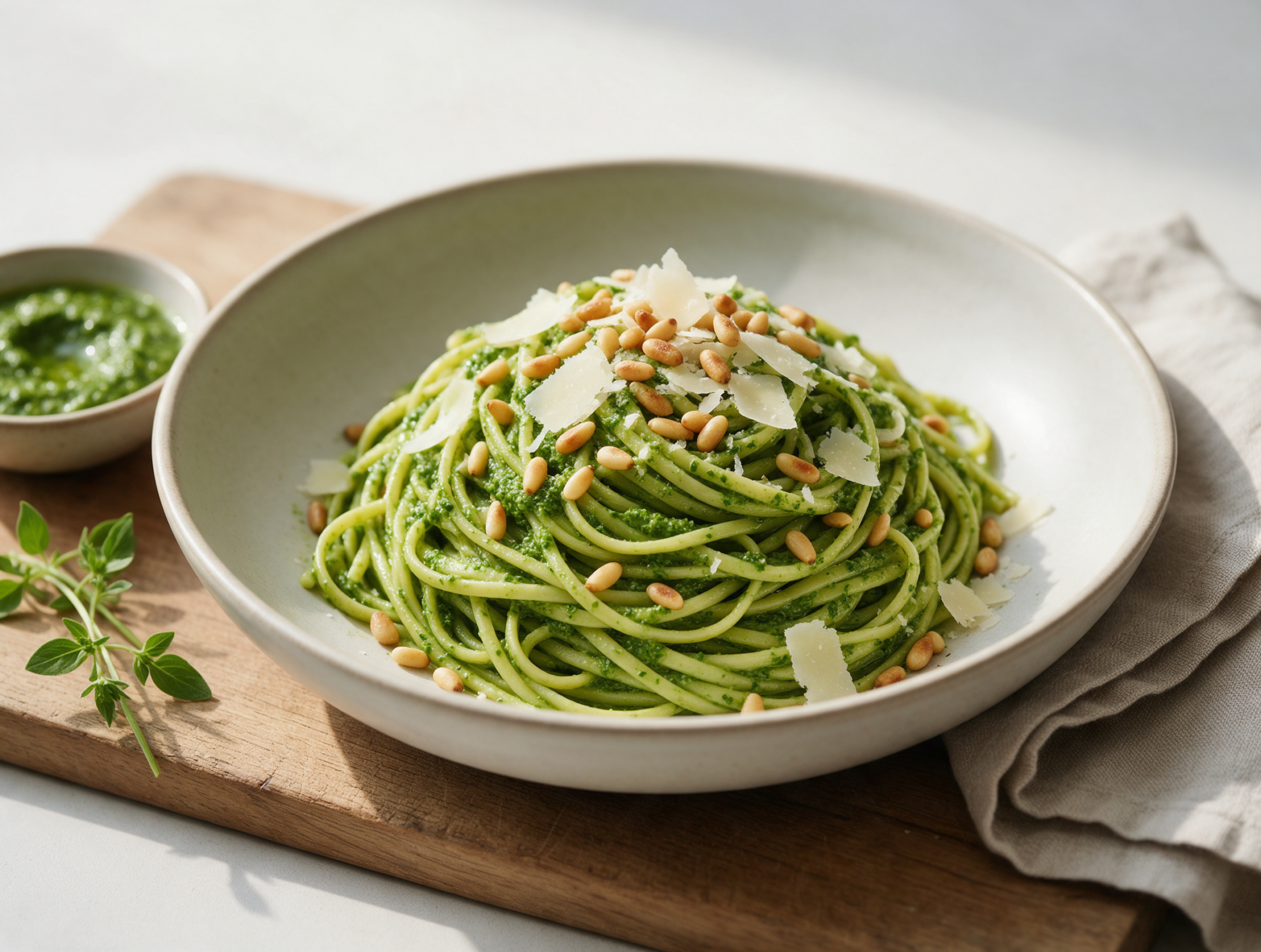 Bowl of glossy wild garlic pesto linguine topped with toasted pine nuts and Parmesan shavings on a wooden board