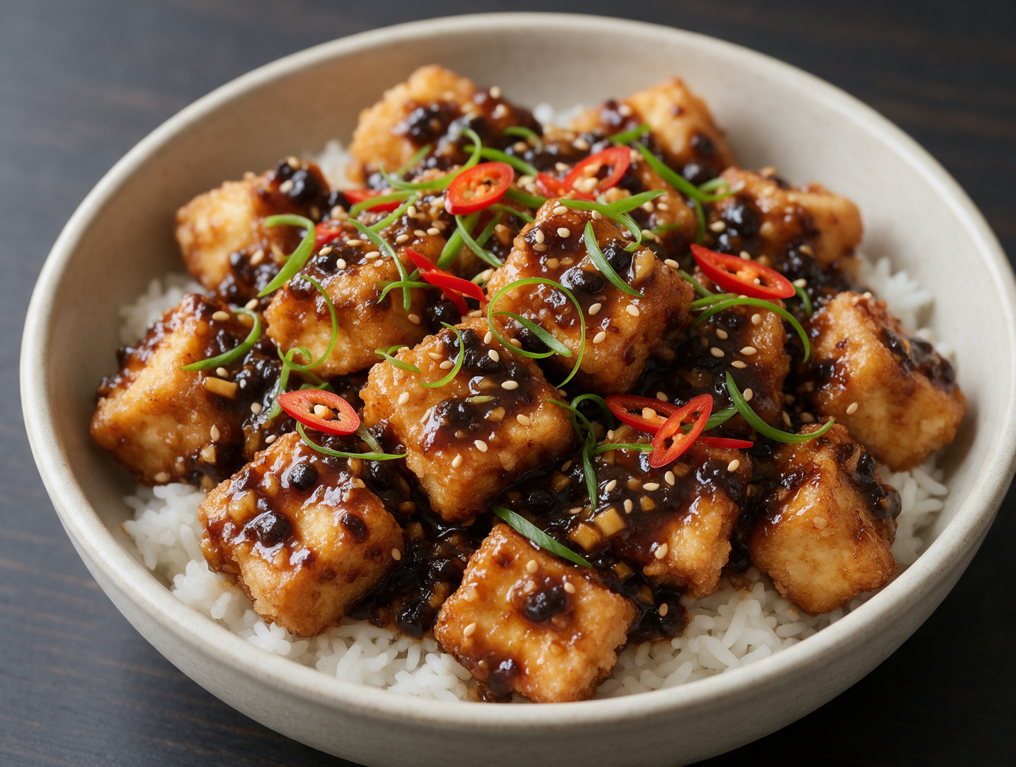 Overhead shot of crispy tofu cubes glazed in dark black bean sauce, scallions and red chili scattered over steamed rice.