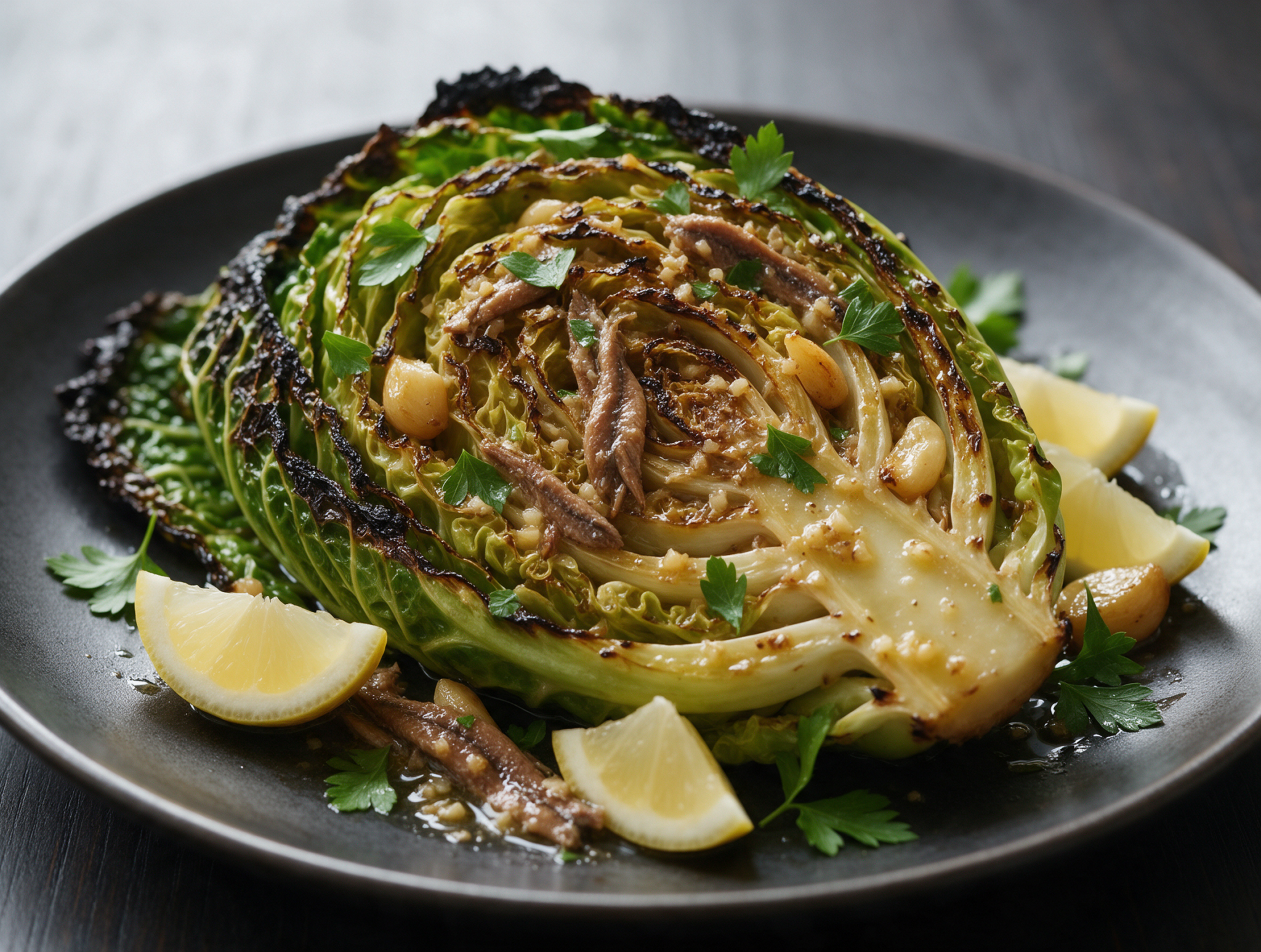 Charred hispi cabbage half on a dark plate, edges blackened, drizzled with garlicky anchovy butter and lemon wedges.