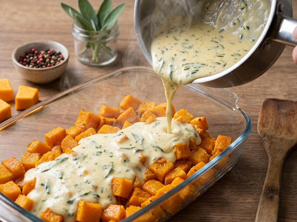 Sage bechamel being poured over roasted squash cubes layered in a glass baking dish before the final noodle layer.