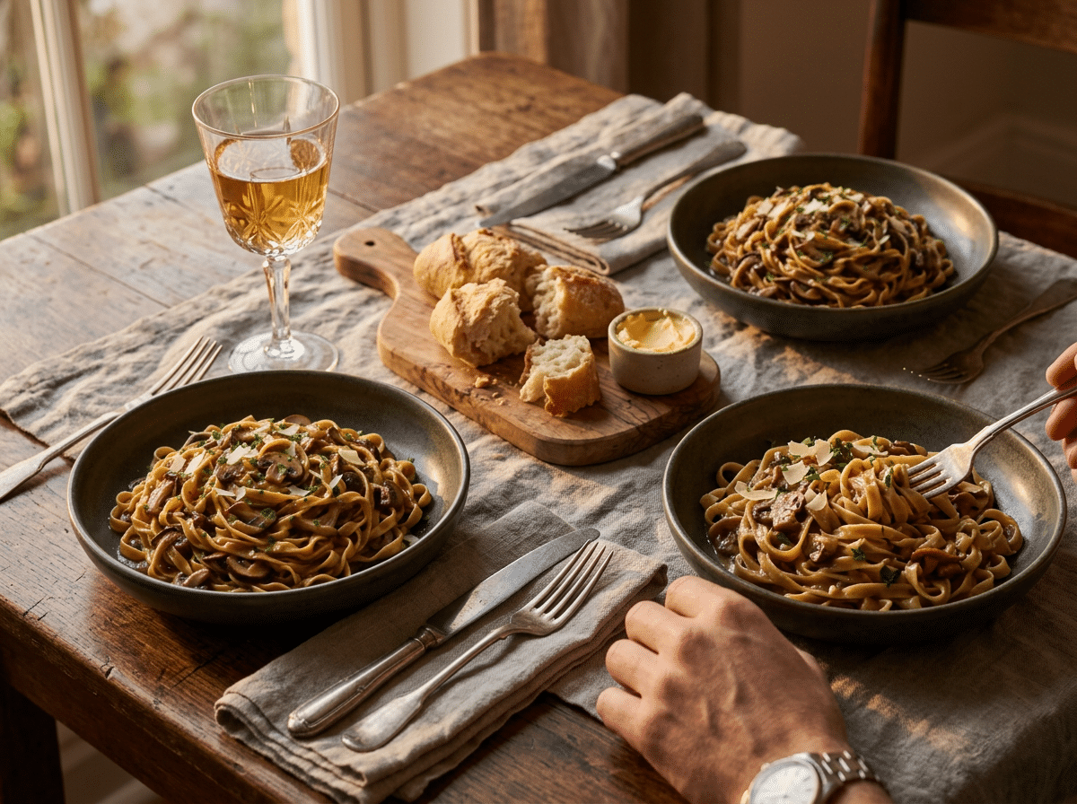 Two bowls of mushroom stroganoff on a linen-covered table, glass of white wine and crusty bread nearby, soft window light.