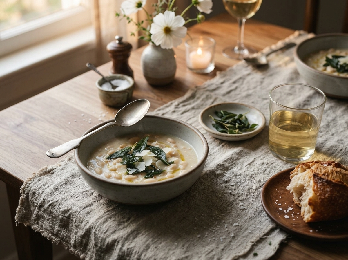 Two hands breaking crusty bread beside a steaming bowl of white bean soup on a linen-topped table.