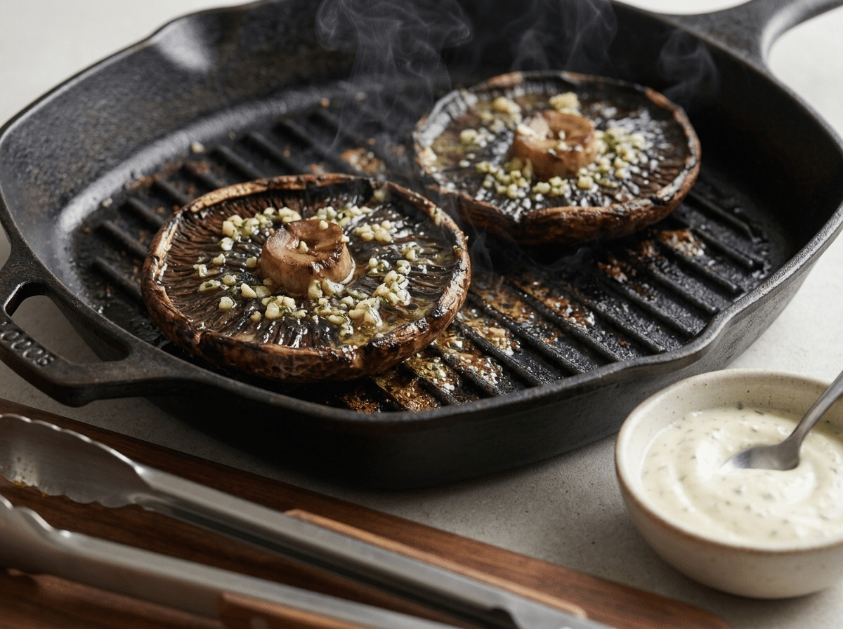 Portobello mushroom caps searing gill-side down on a hot cast-iron grill pan, marinade glistening as steam rises