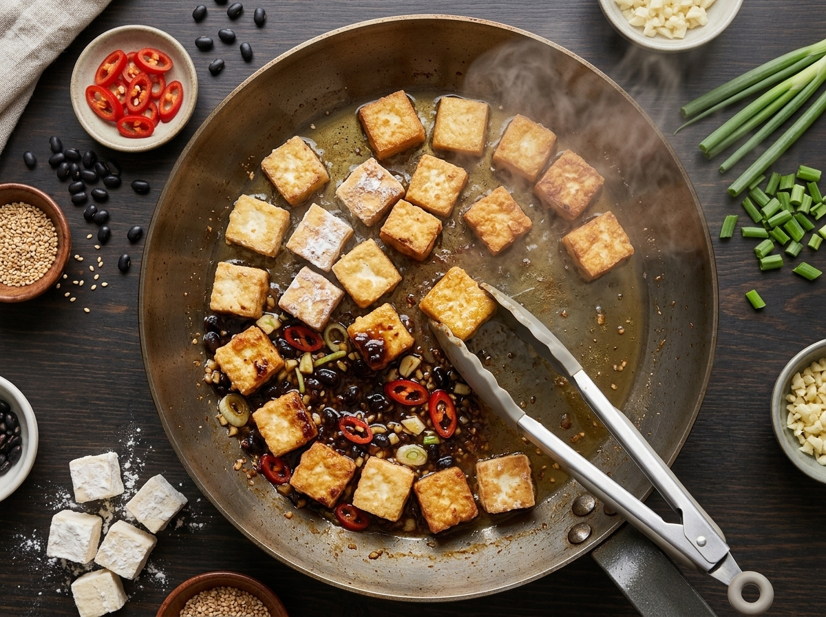 Cornstarch-coated tofu cubes frying in a cast iron skillet, edges turning golden and crackly in hot oil.