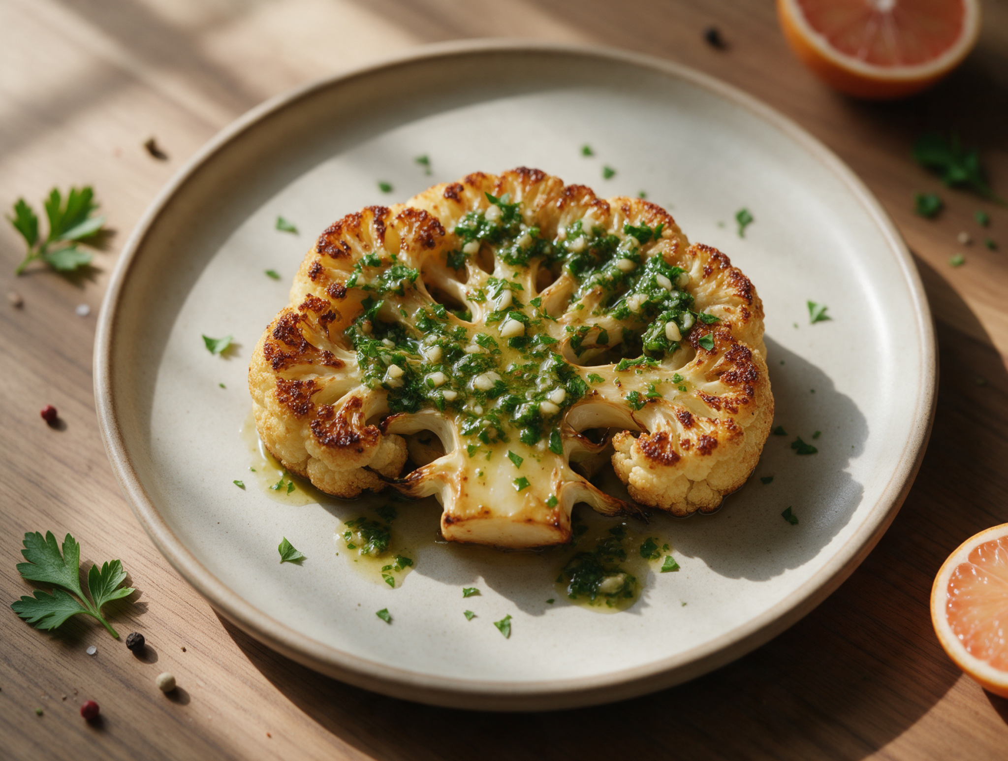 Charred cauliflower steak on a ceramic plate topped with bright green chimichurri and flecks of red pepper flakes
