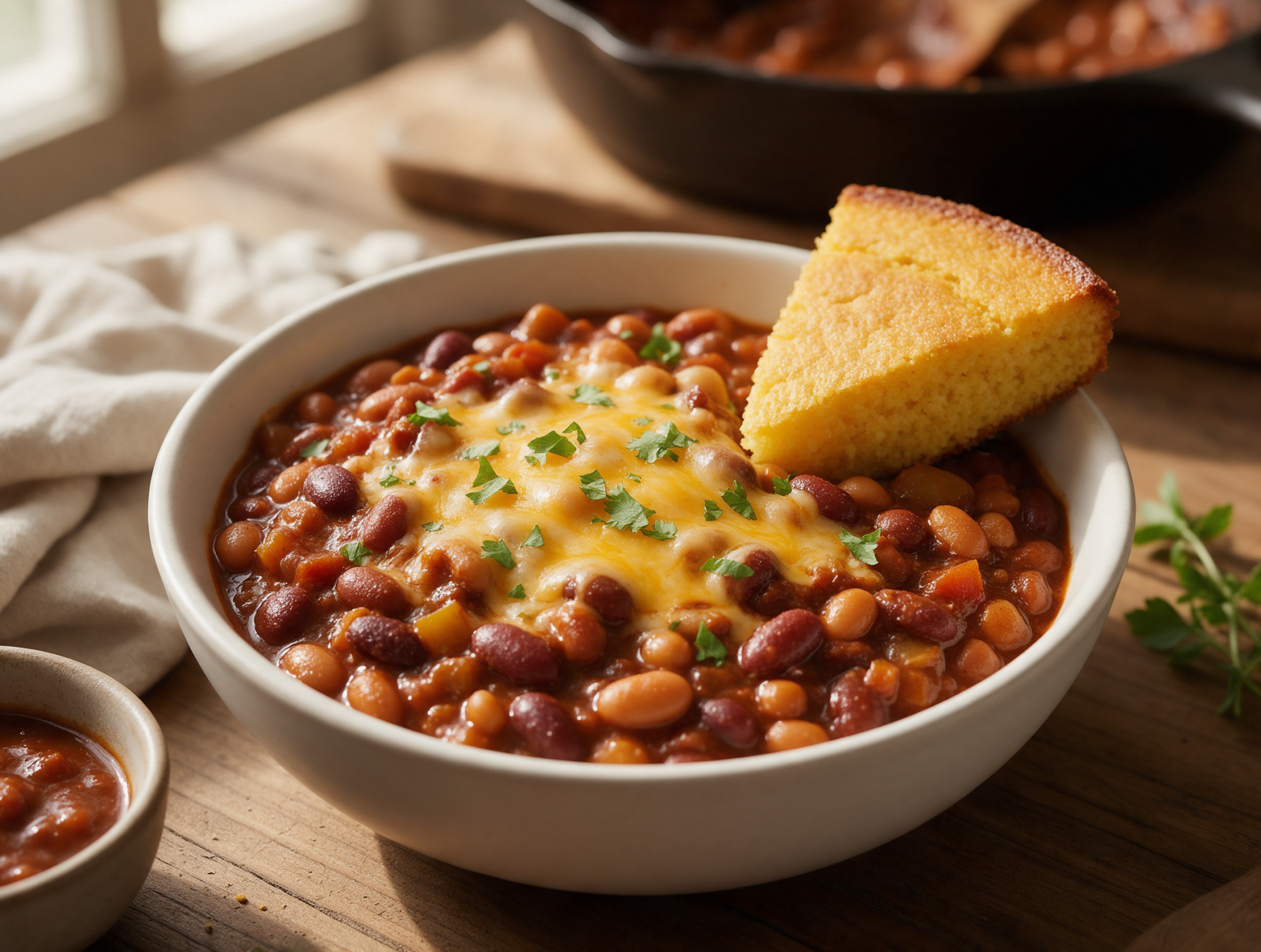 Overhead bowl of smoky three bean chili topped with cheddar and cilantro, golden cornbread wedge alongside on a wooden table.