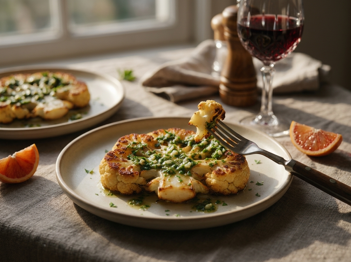 Two plates of cauliflower steaks with chimichurri set on a linen tablecloth beside a glass of red wine