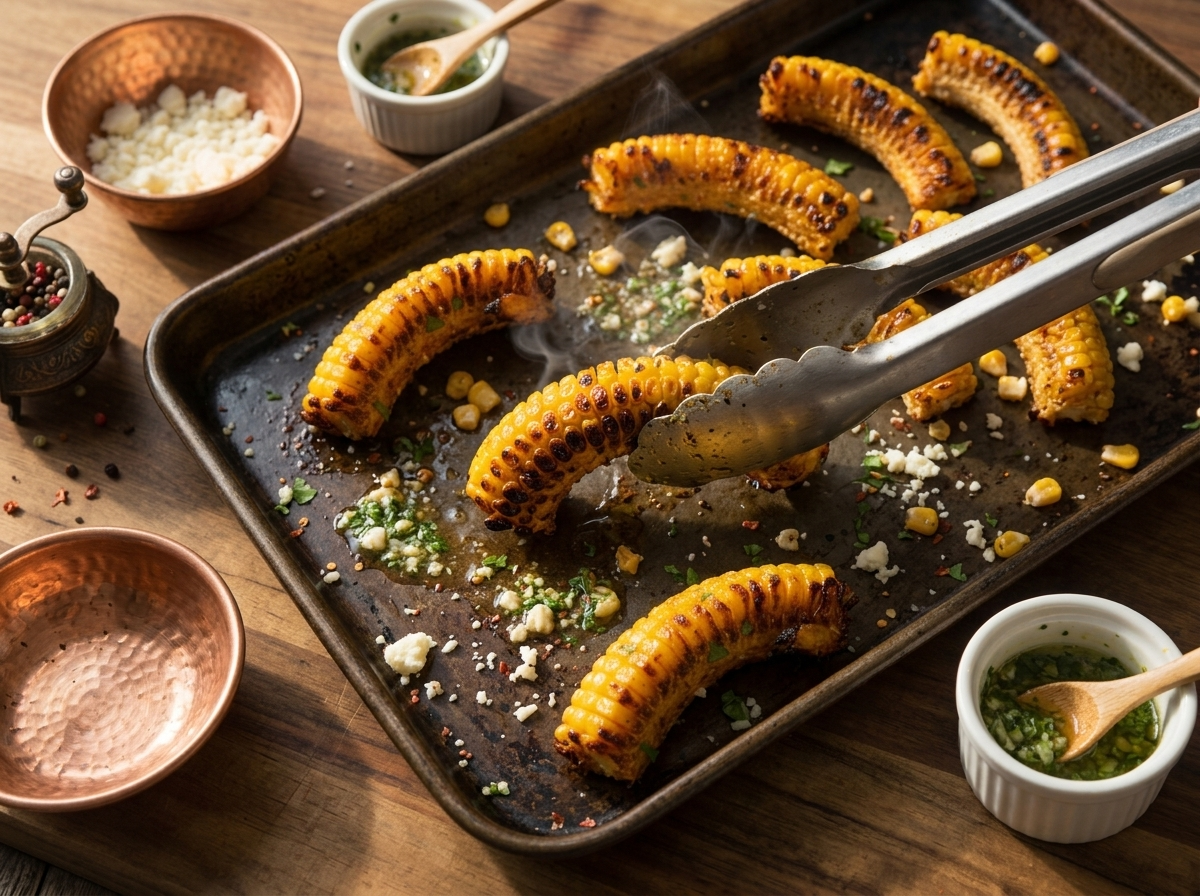 Tongs turning blistered corn ribs on a sheet pan under the broiler with visible char marks on curled kernels