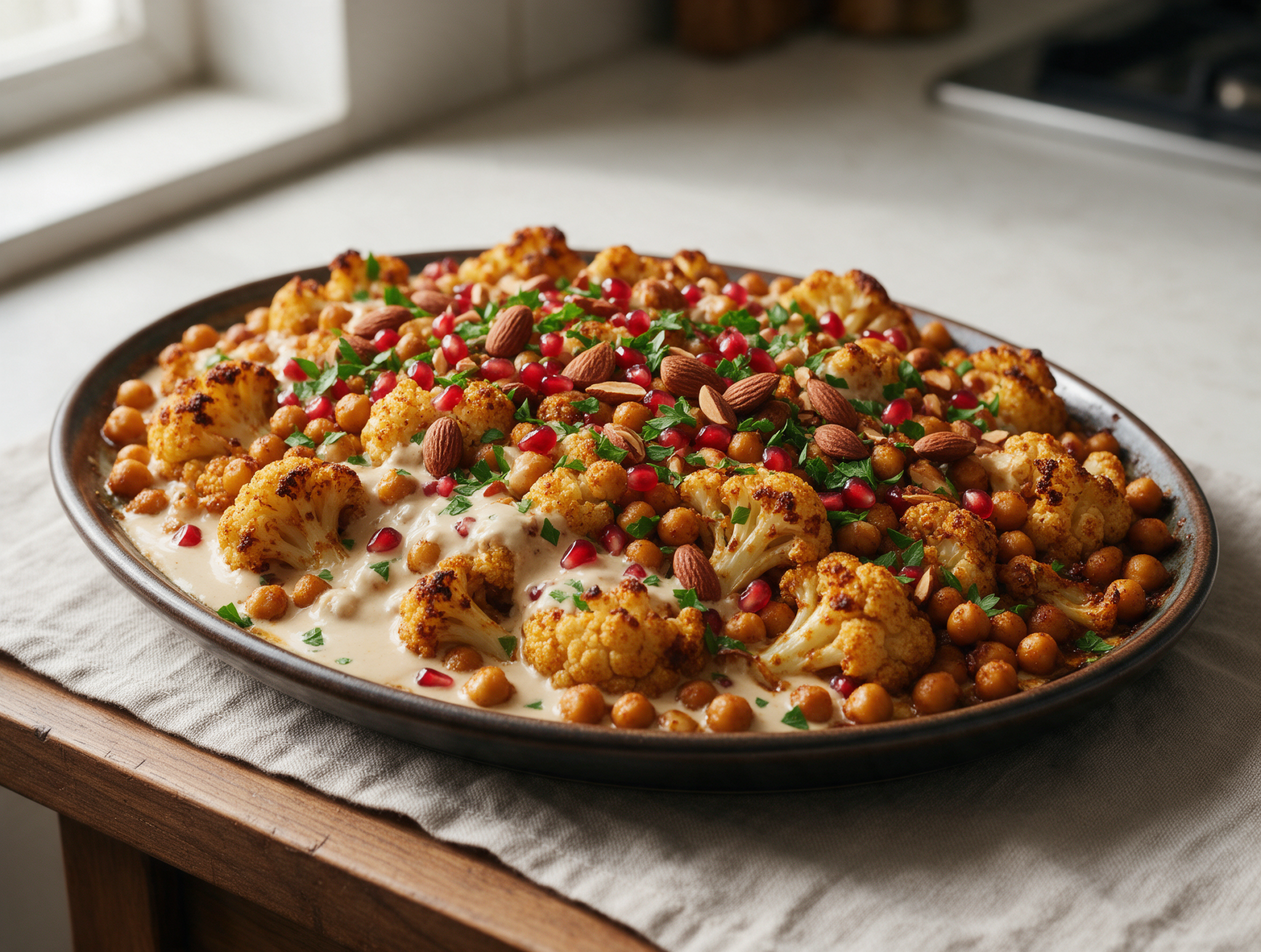 Overhead view of charred cauliflower and chickpeas glazed with tahini-yogurt sauce, topped with pomegranate seeds and parsley on a dark platter