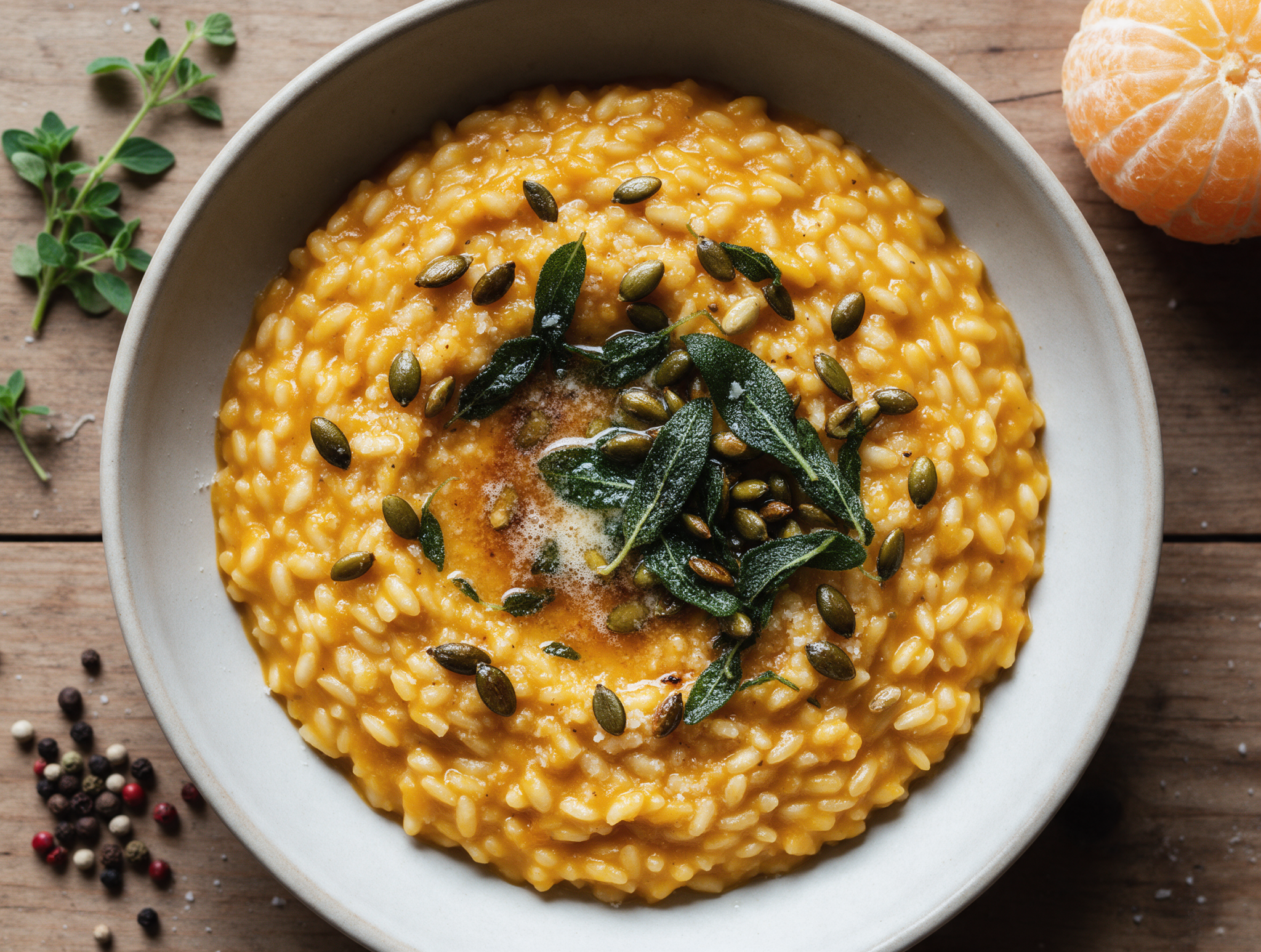 Overhead shot of creamy pumpkin risotto in a shallow bowl topped with crispy fried sage leaves and toasted pumpkin seeds