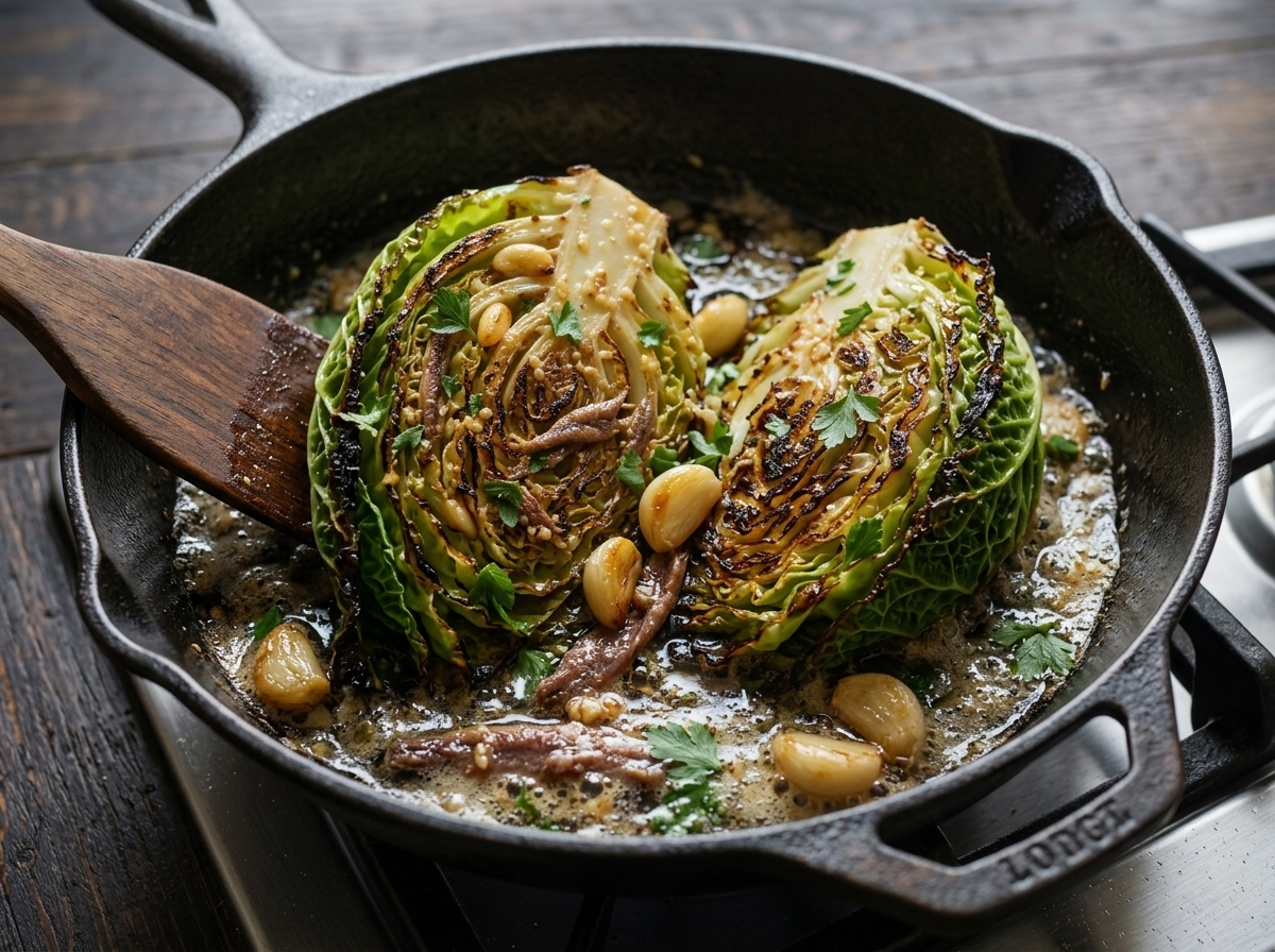 Two hispi cabbage halves searing cut side down in a cast iron skillet, edges blistering and turning deep brown.