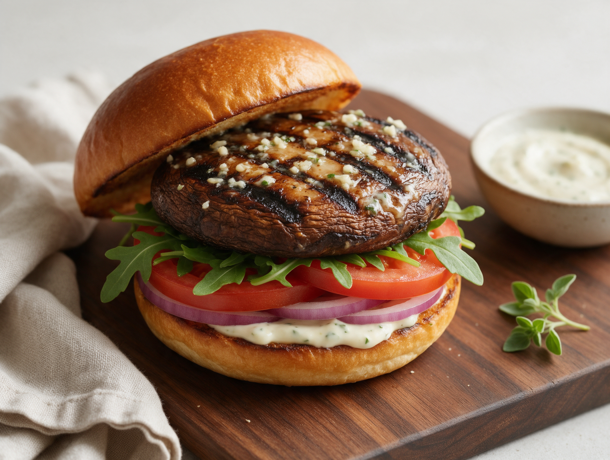 Grilled portobello mushroom burger on a toasted bun with garlic aioli, arugula and tomato on a dark wood board