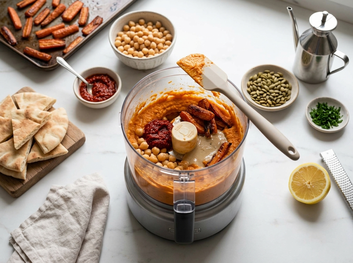Browned carrot pieces and chickpeas in a food processor bowl with tahini and harissa before blending on marble