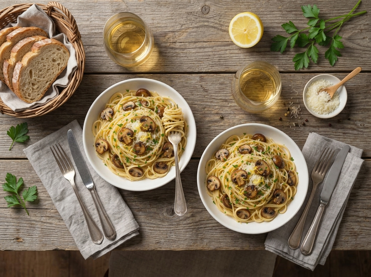 Two bowls of mushroom pasta on a wooden table with wine glasses, a bread basket and grated cheese nearby