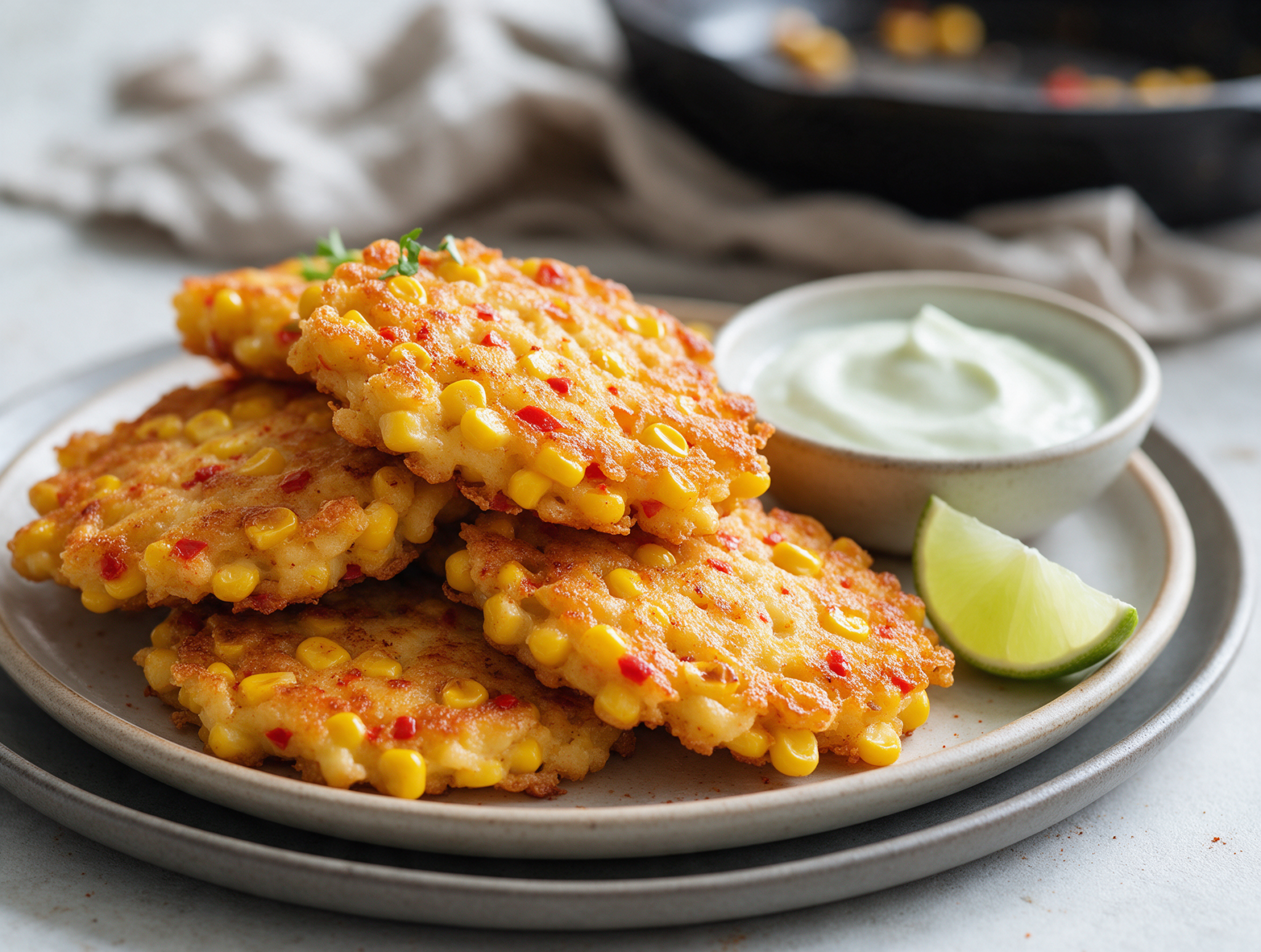 Stack of golden sweetcorn chili fritters on a plate with a bowl of lime yogurt and a lime wedge