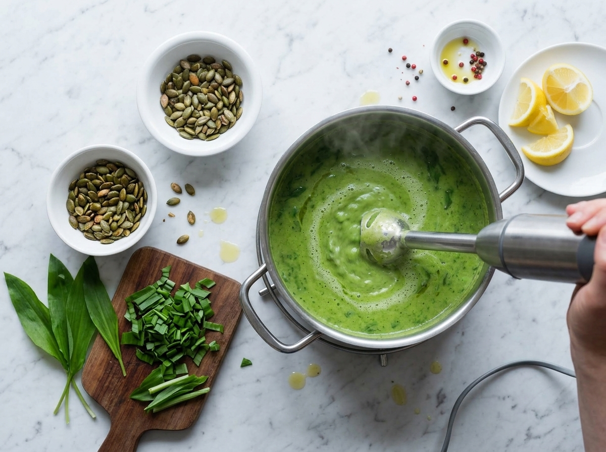 Immersion blender turning simmered peas, potato, and wilted leaves into smooth green liquid in a steel pot