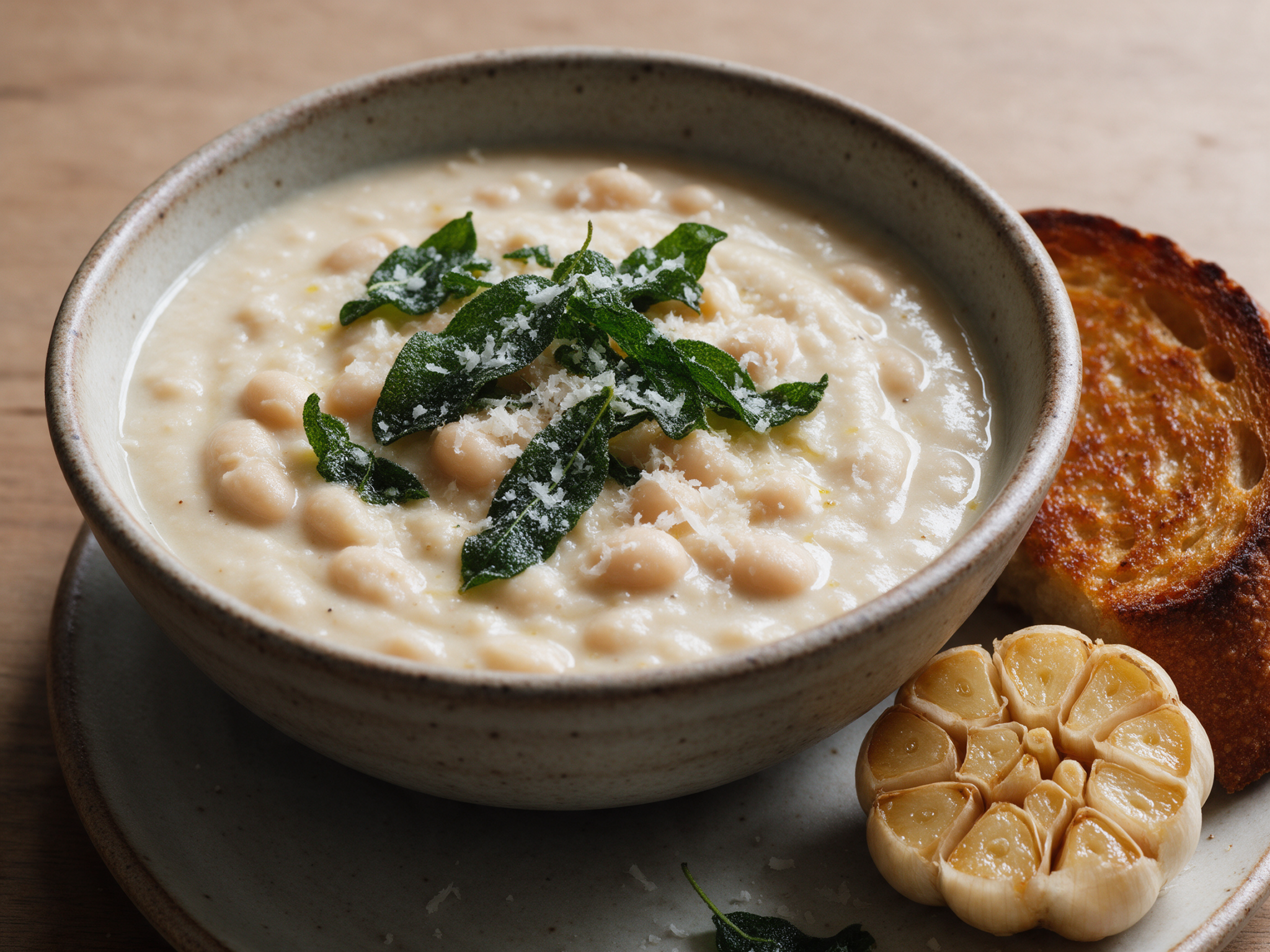 Creamy white bean soup topped with crispy sage and parmesan next to roasted garlic and bread