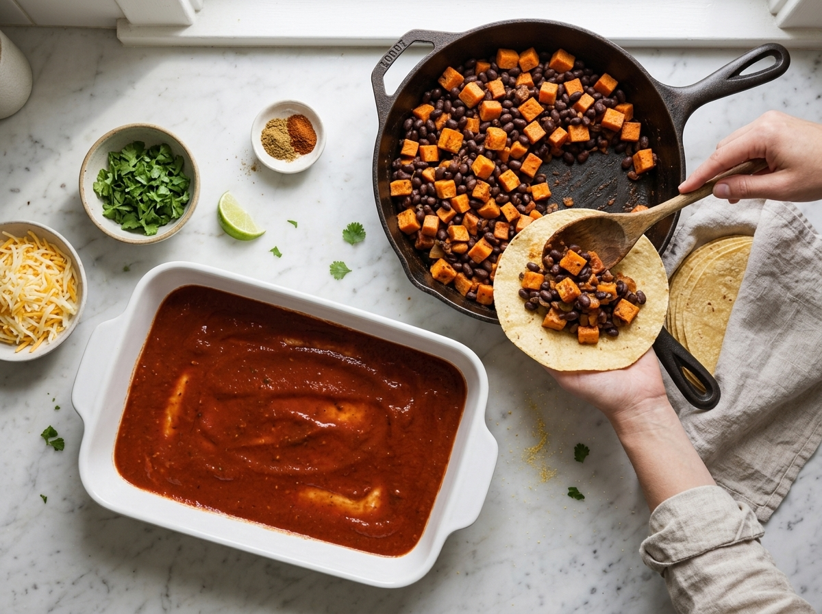 Spooning roasted sweet potato and mashed black bean filling onto a warm corn tortilla beside a red sauce-slicked dish