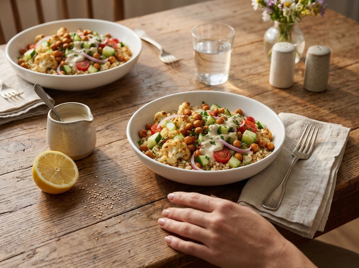 Two filled bowls on a wooden table with forks, a lemon half, and a small jug of extra sauce