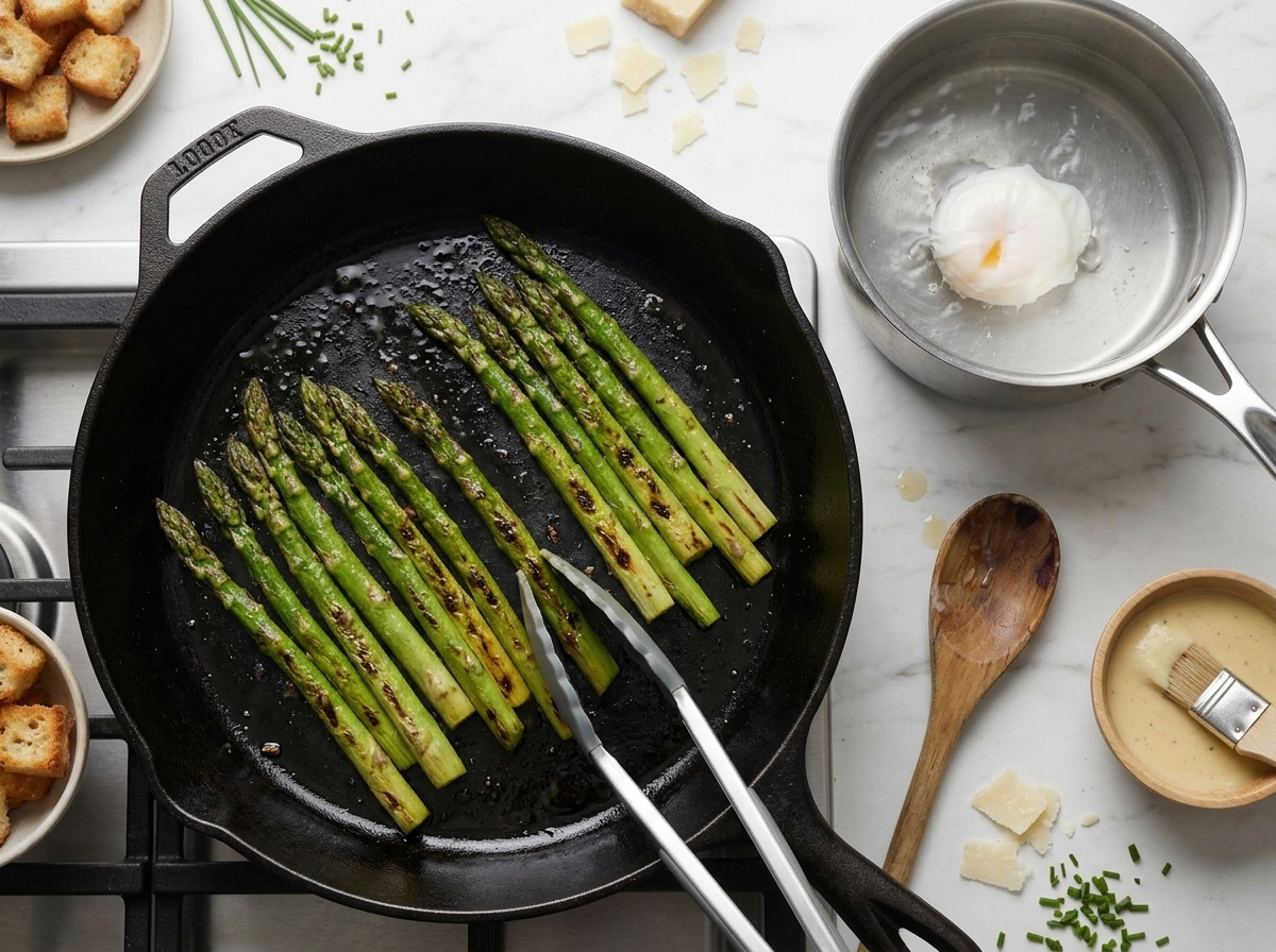 Asparagus spears with dark blistered spots sizzling in a cast-iron skillet as tongs turn them over