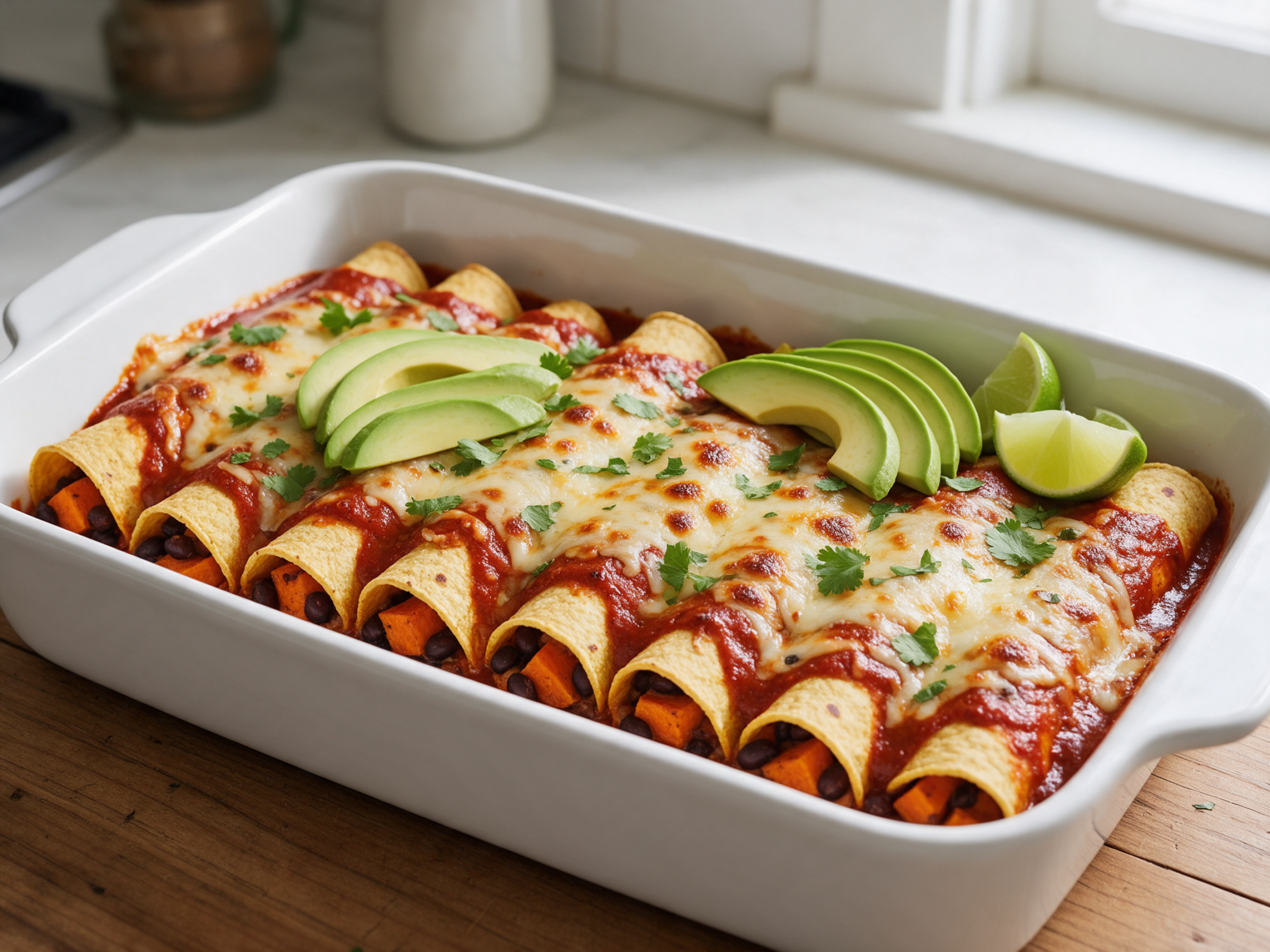 Overhead view of eight baked enchiladas under red chipotle sauce and browned cheese, topped with cilantro