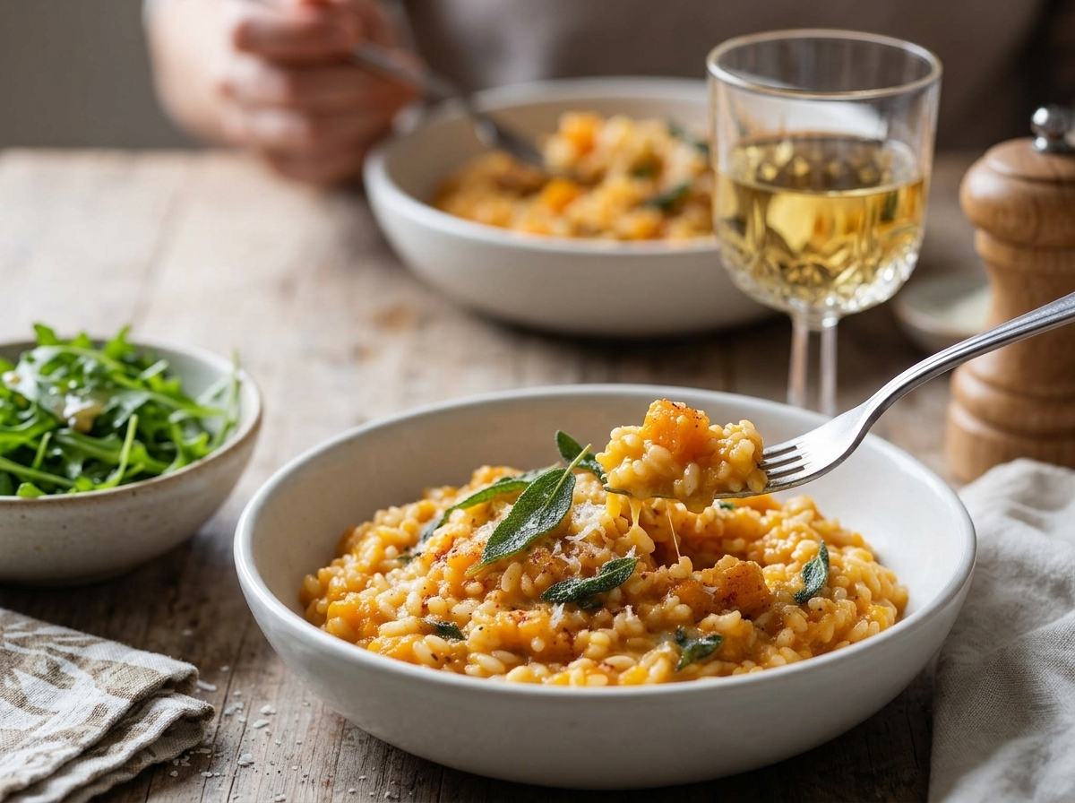 Two risotto bowls on a linen-covered table beside a glass of white wine, arugula salad and a pepper grinder