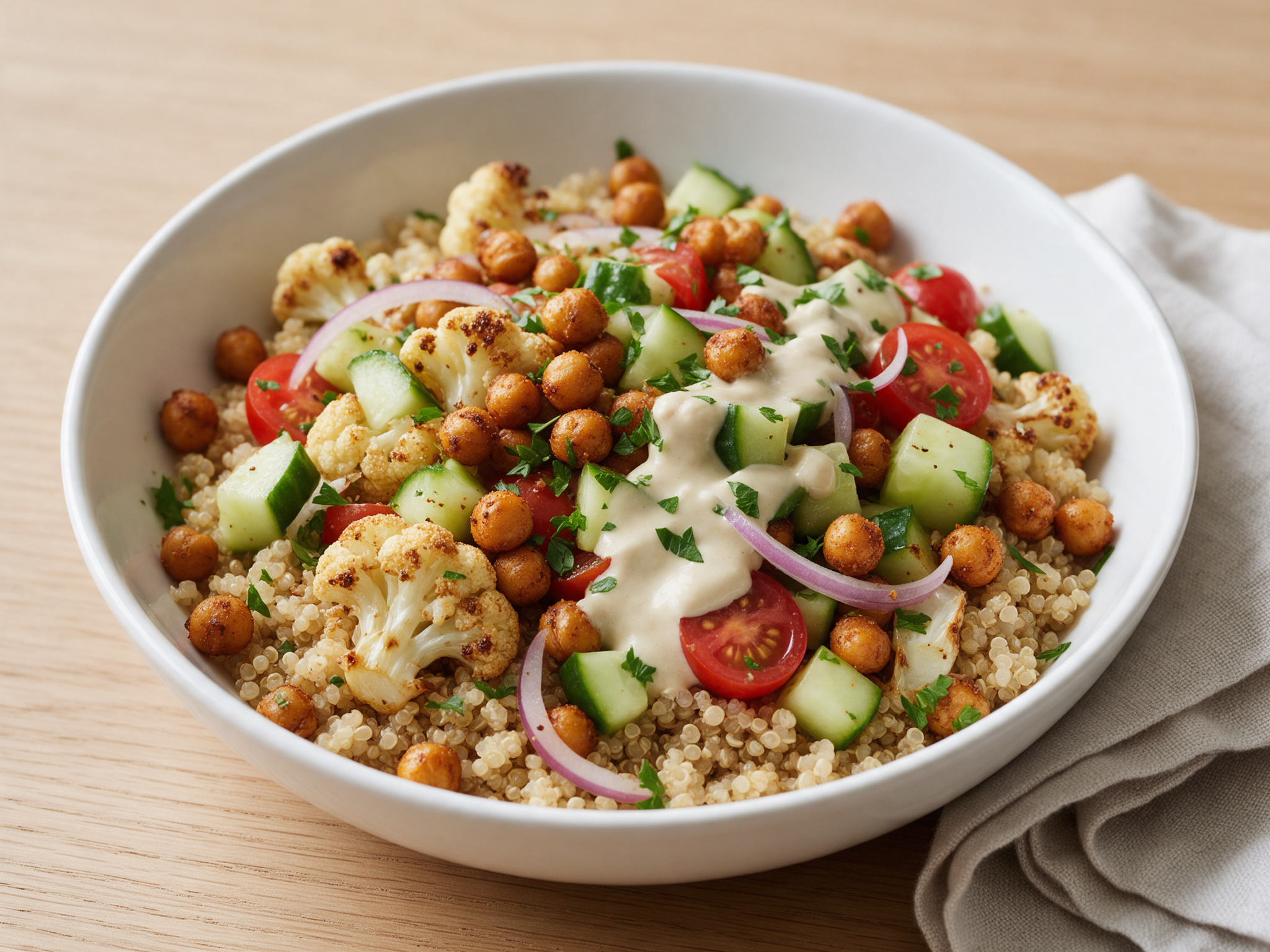 Overhead view of a bowl with quinoa, roasted cauliflower, crisp chickpeas, and tahini drizzle on a linen cloth