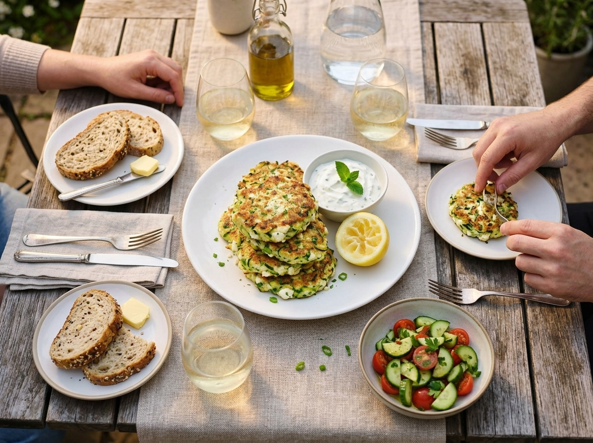 Two friends sharing fritters, a yogurt dip and a tomato salad at an outdoor table in late afternoon light