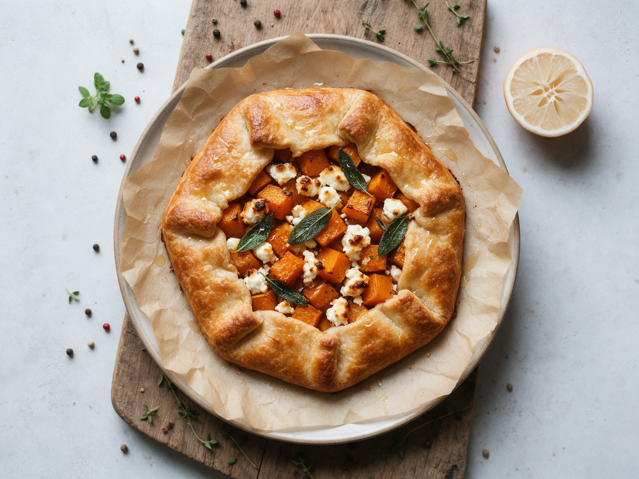 Golden roasted squash and goat cheese galette on parchment with crisp sage leaves and a honey drizzle, soft window light