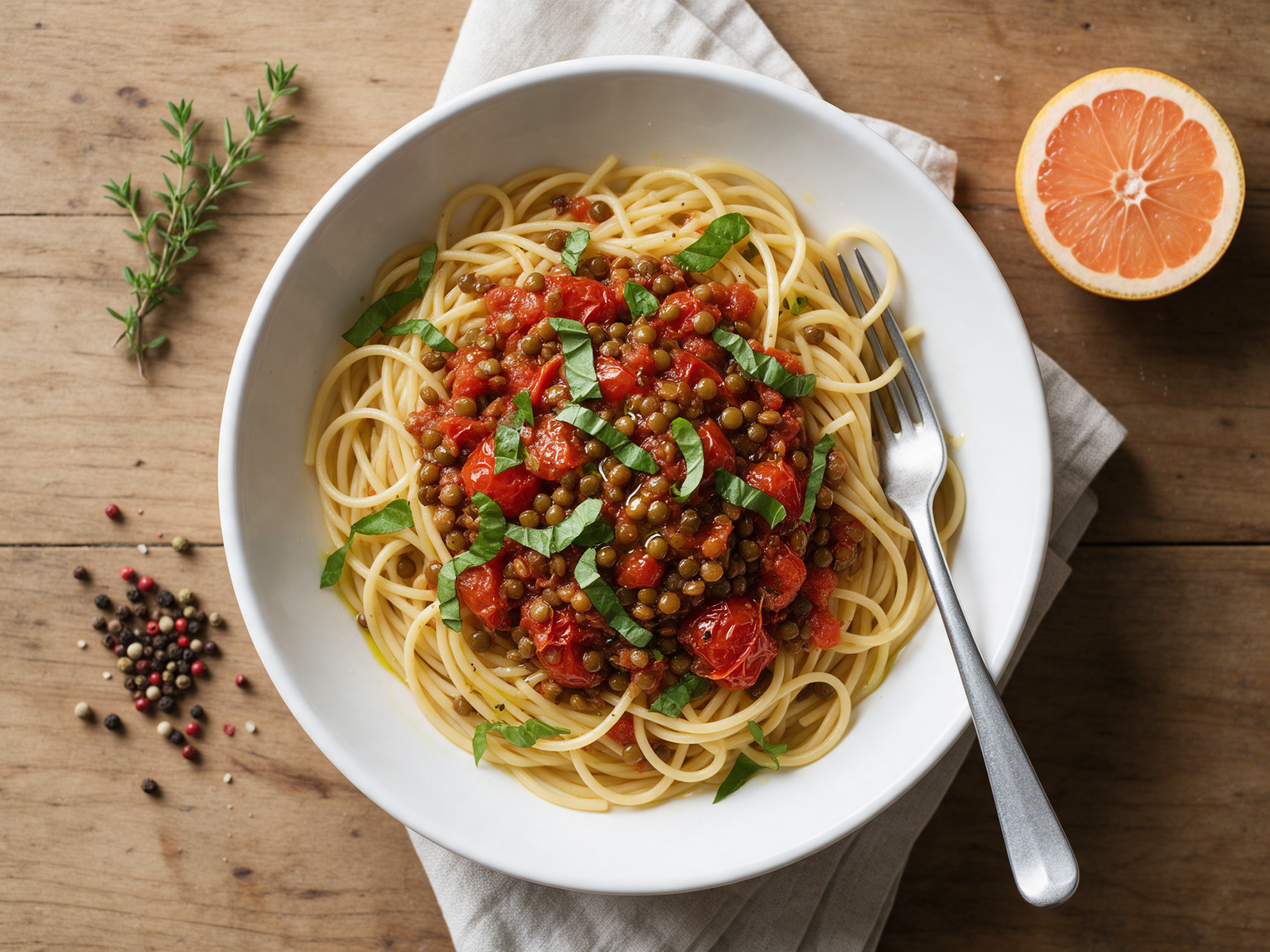 Bowl of spaghetti topped with chunky roasted tomato lentil bolognese and torn basil on a linen-lined wooden table