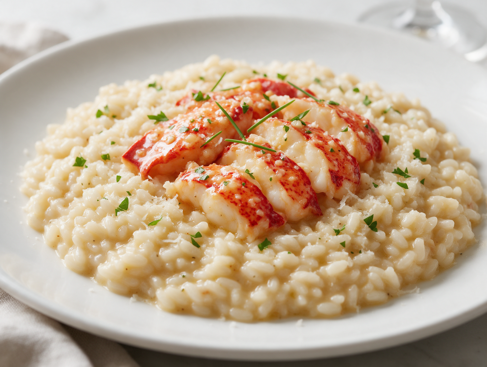 Creamy risotto topped with sliced garlic butter lobster tail on a wide white plate