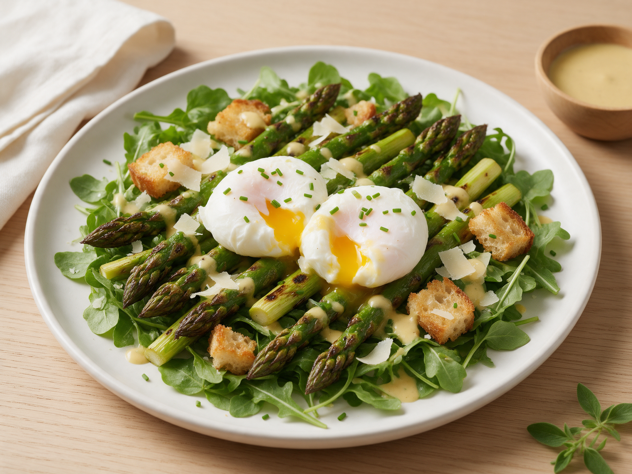 Charred asparagus over arugula topped with two poached eggs, croutons, and shaved Parmesan on a white plate
