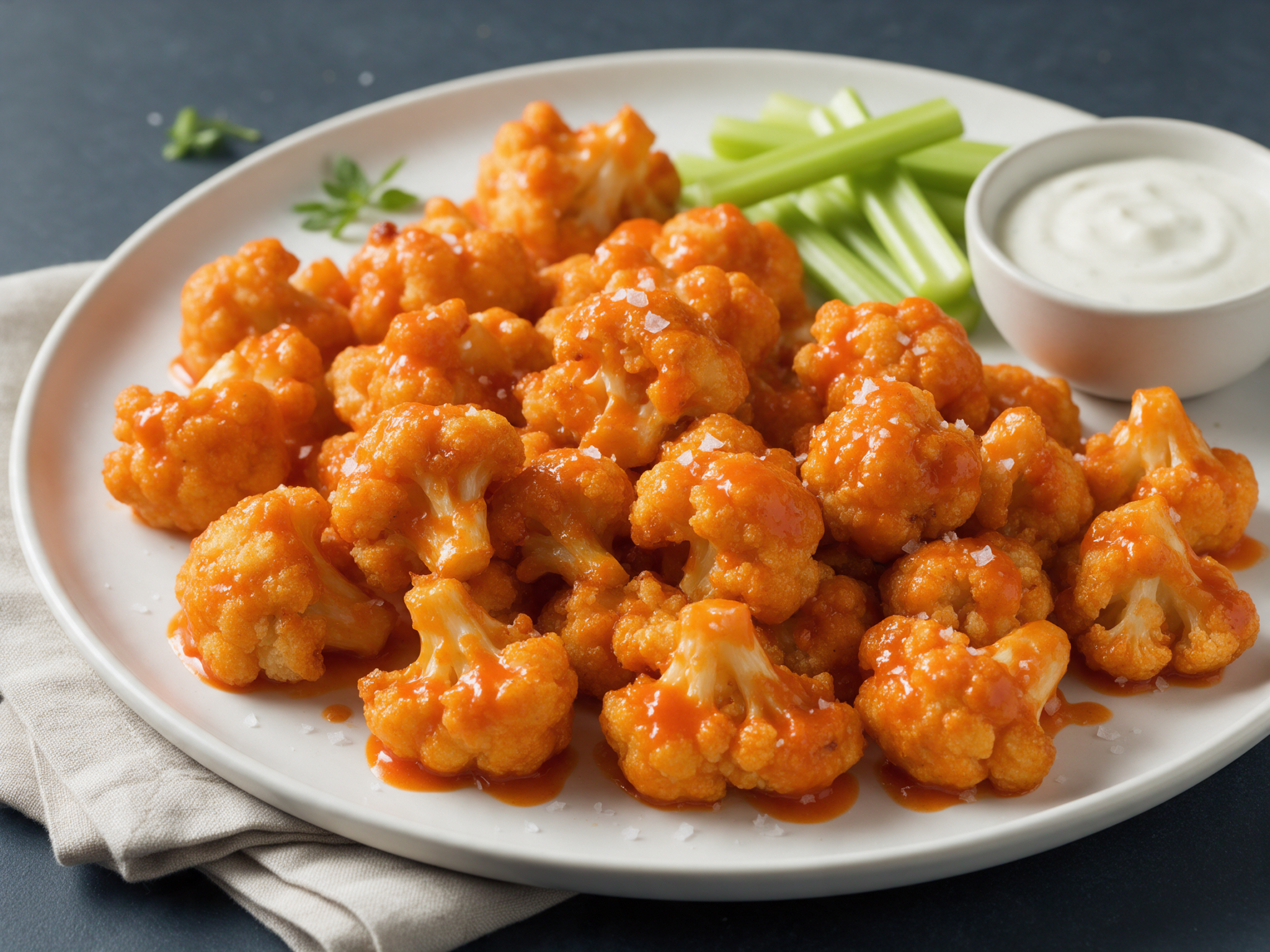 Glossy buffalo-glazed cauliflower wings on a white platter with celery sticks and ranch, shot from above on slate