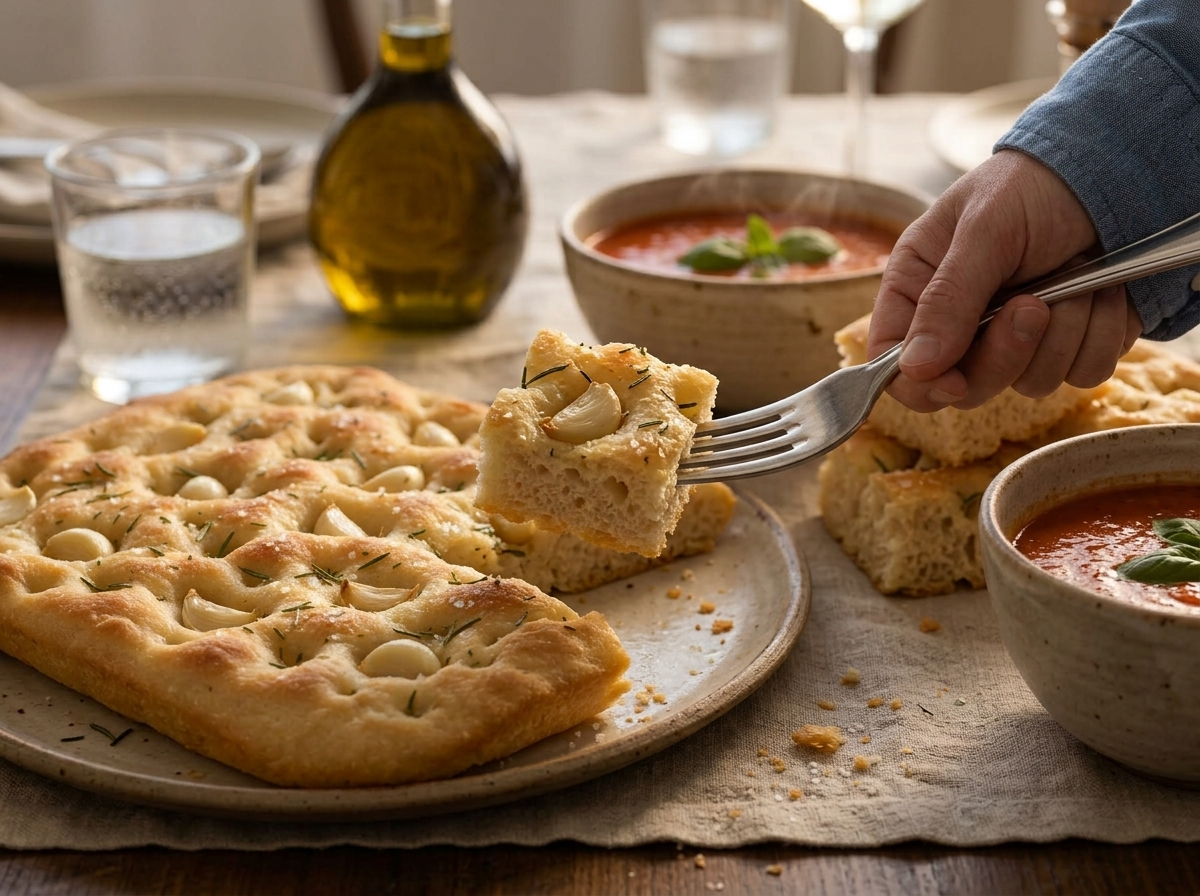Focaccia squares beside bowls of tomato soup on a linen-covered table, a hand tearing off a corner piece