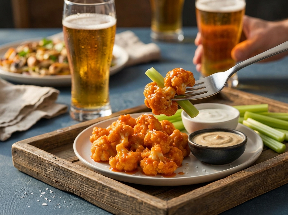 Friends sharing a tray of baked wings with dips and cold beer at a kitchen table in warm afternoon light