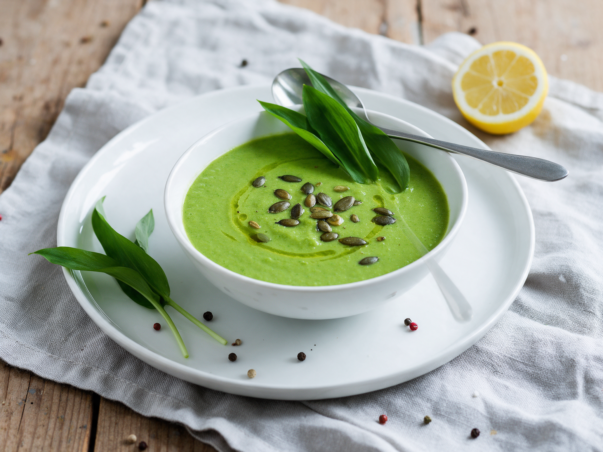 Bright green wild garlic and pea soup in a white bowl with toasted pumpkin seeds and an olive oil swirl