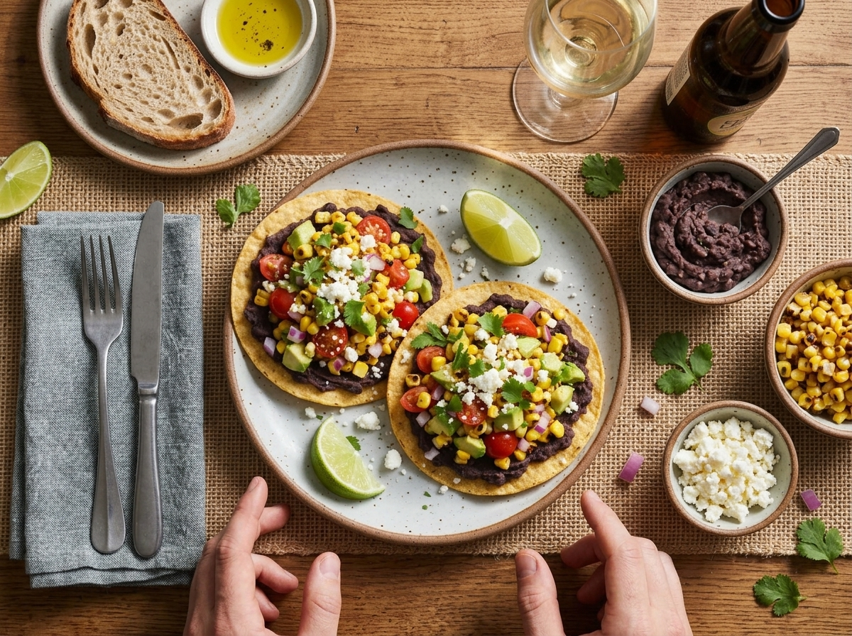 Friends building their own tostadas at a wooden table with bowls of salsa, beans, queso fresco, and cold drinks
