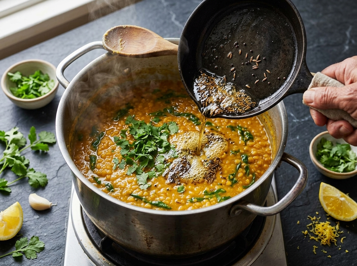 Mustard and cumin seeds sizzling in hot oil being poured over simmering lentils in a heavy pot