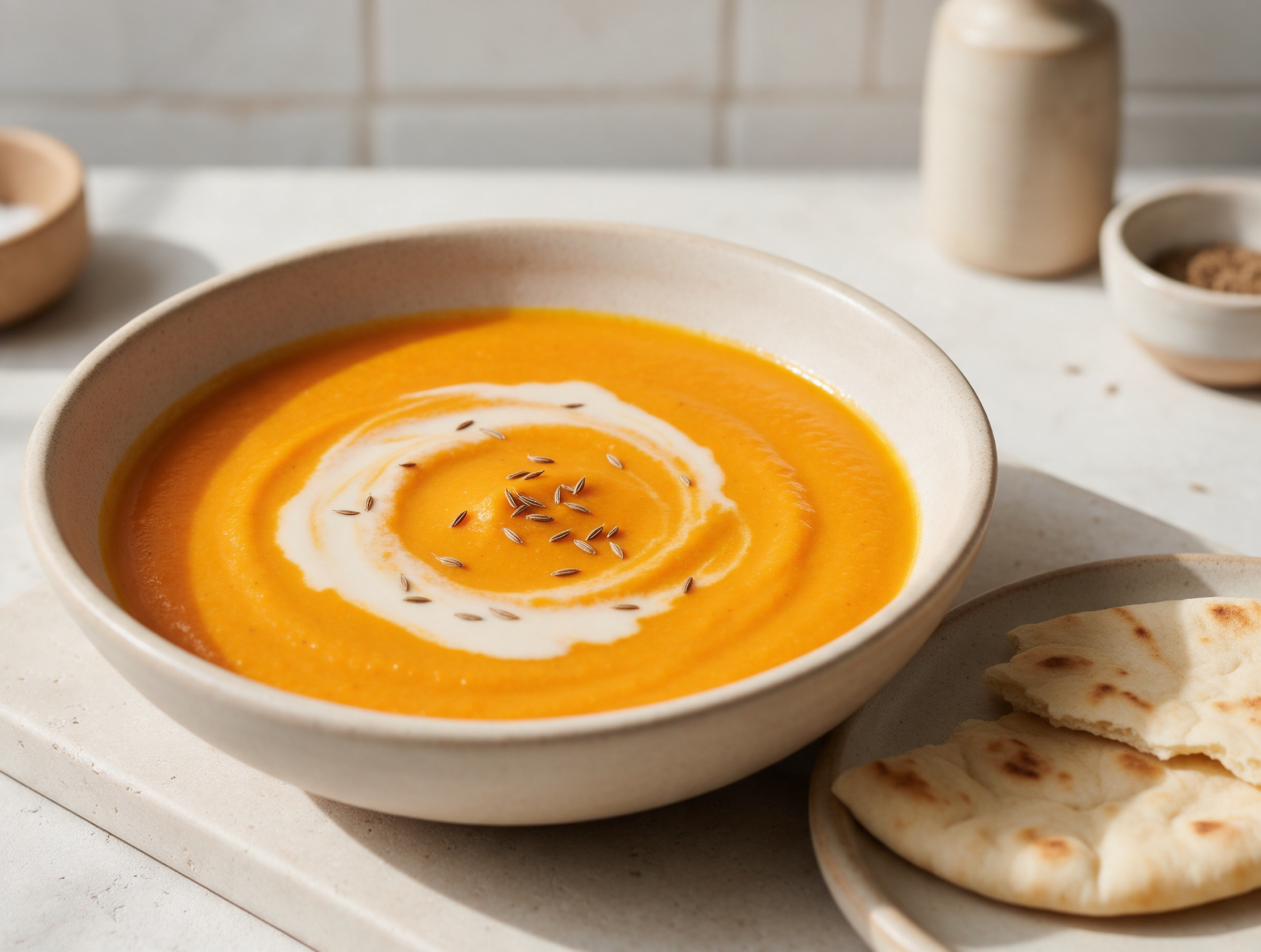Orange roasted carrot cumin soup with a coconut milk swirl and flatbread on the side