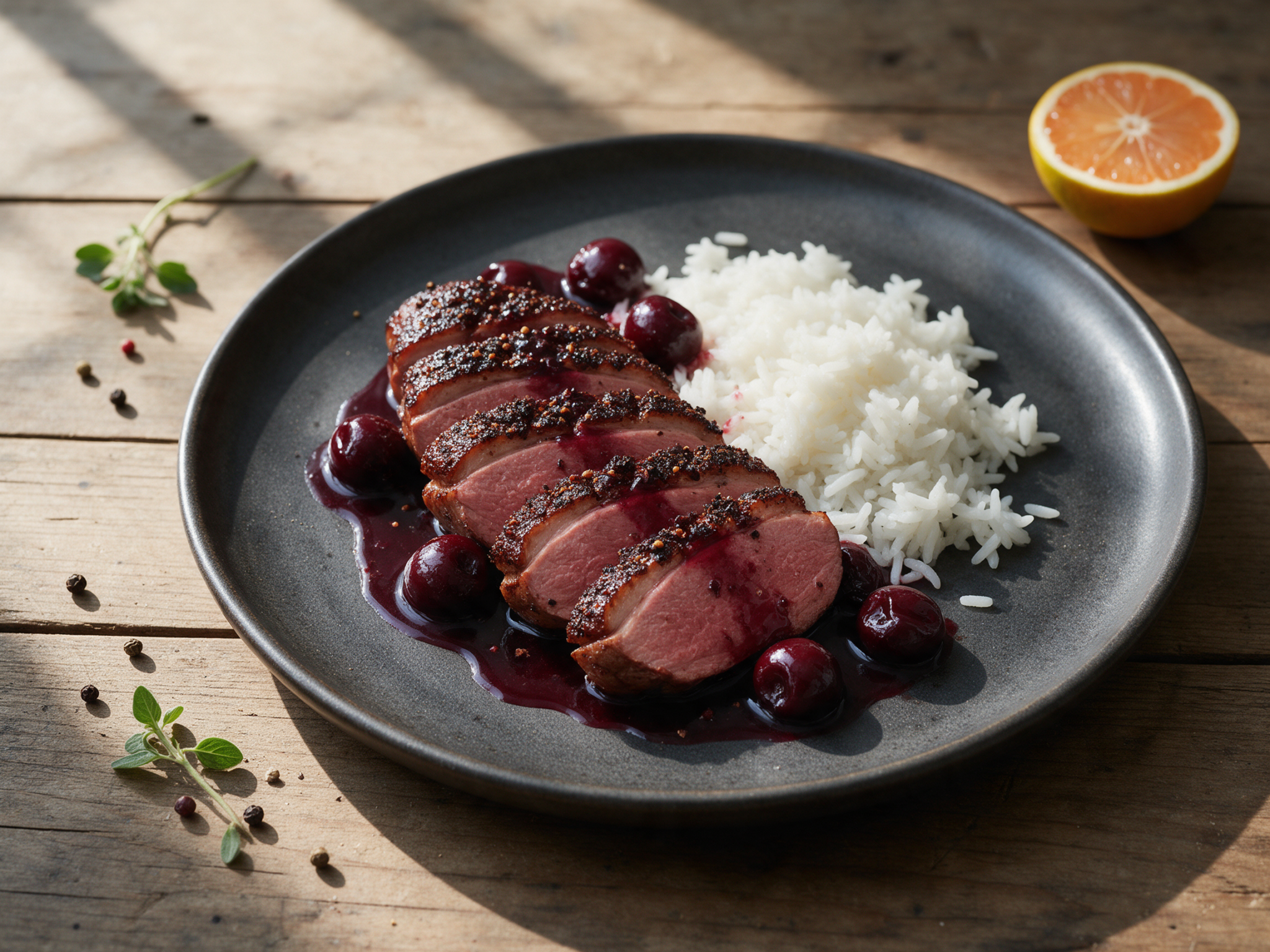 Five spice duck breast slices with rosy center and dark cherry reduction on stoneware