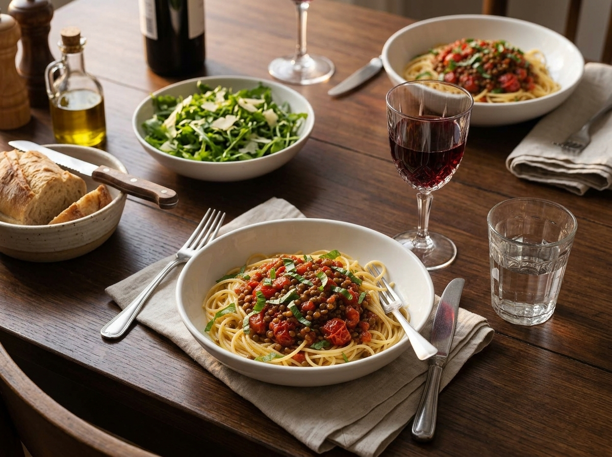 Two bowls of pasta with lentil sauce, a green salad and a glass of red wine set for a weeknight dinner
