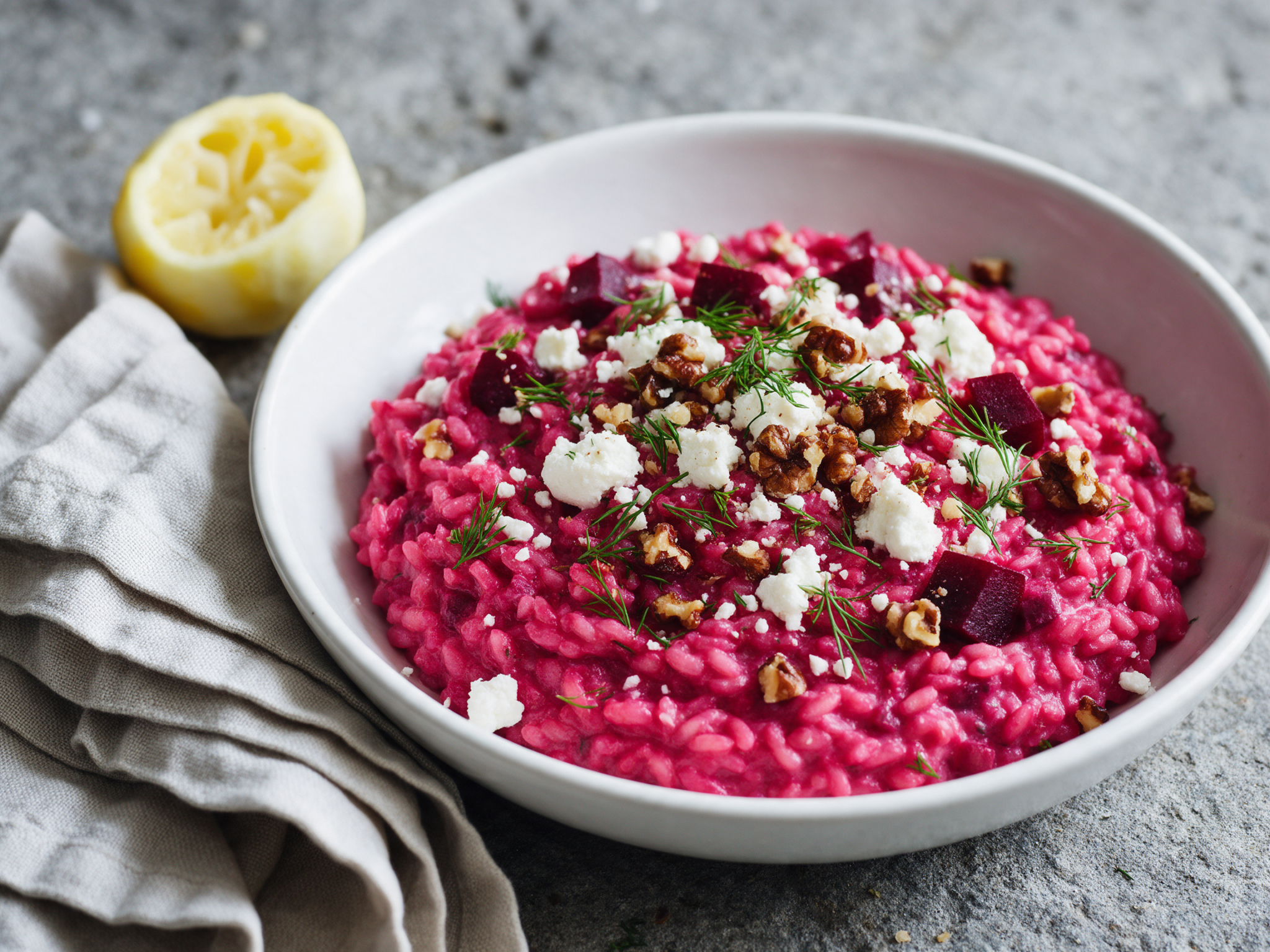 Bowl of magenta beetroot risotto topped with crumbled feta, walnuts and dill on a gray stone surface