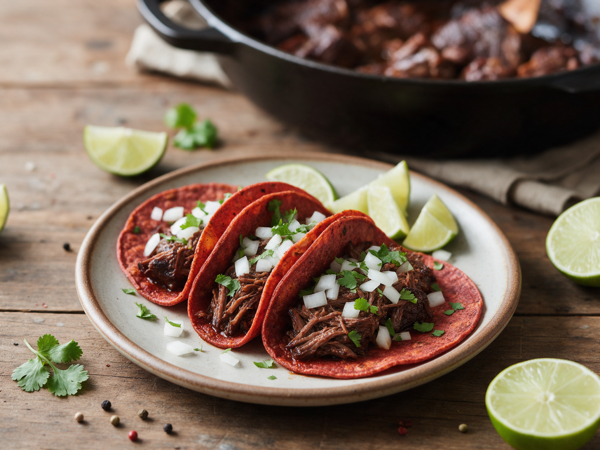 Three barbacoa tacos with shredded red-tinged beef cheek, onion, cilantro and lime wedges on a plate
