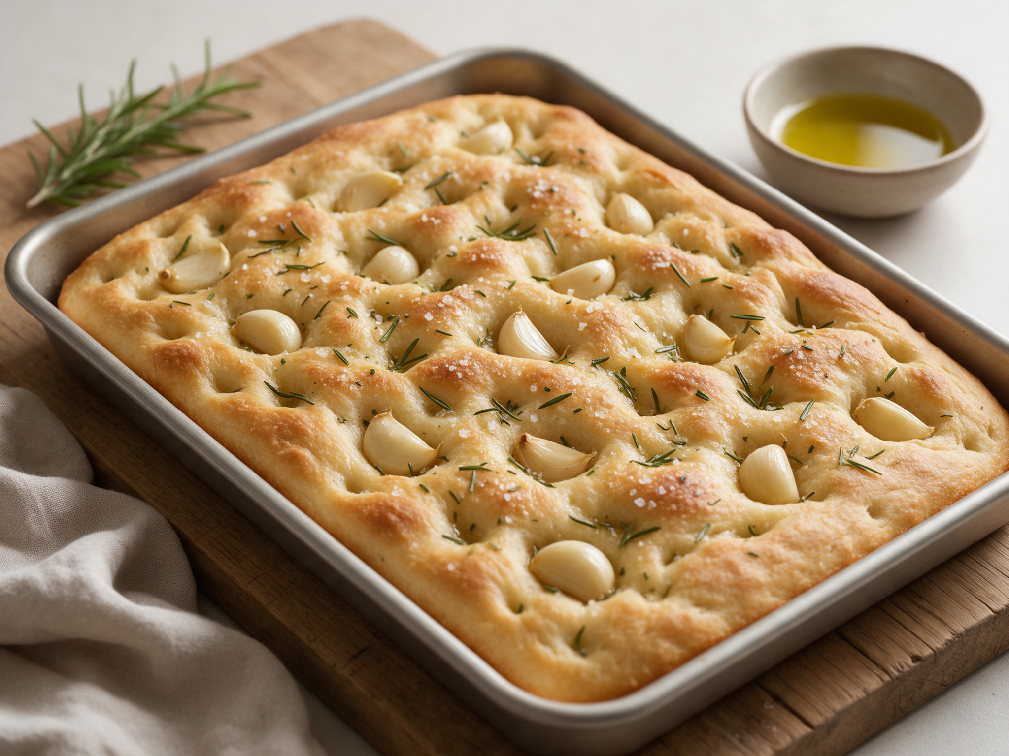 Golden roasted garlic and rosemary focaccia in a metal pan, dimples filled with garlic cloves, on a wooden board